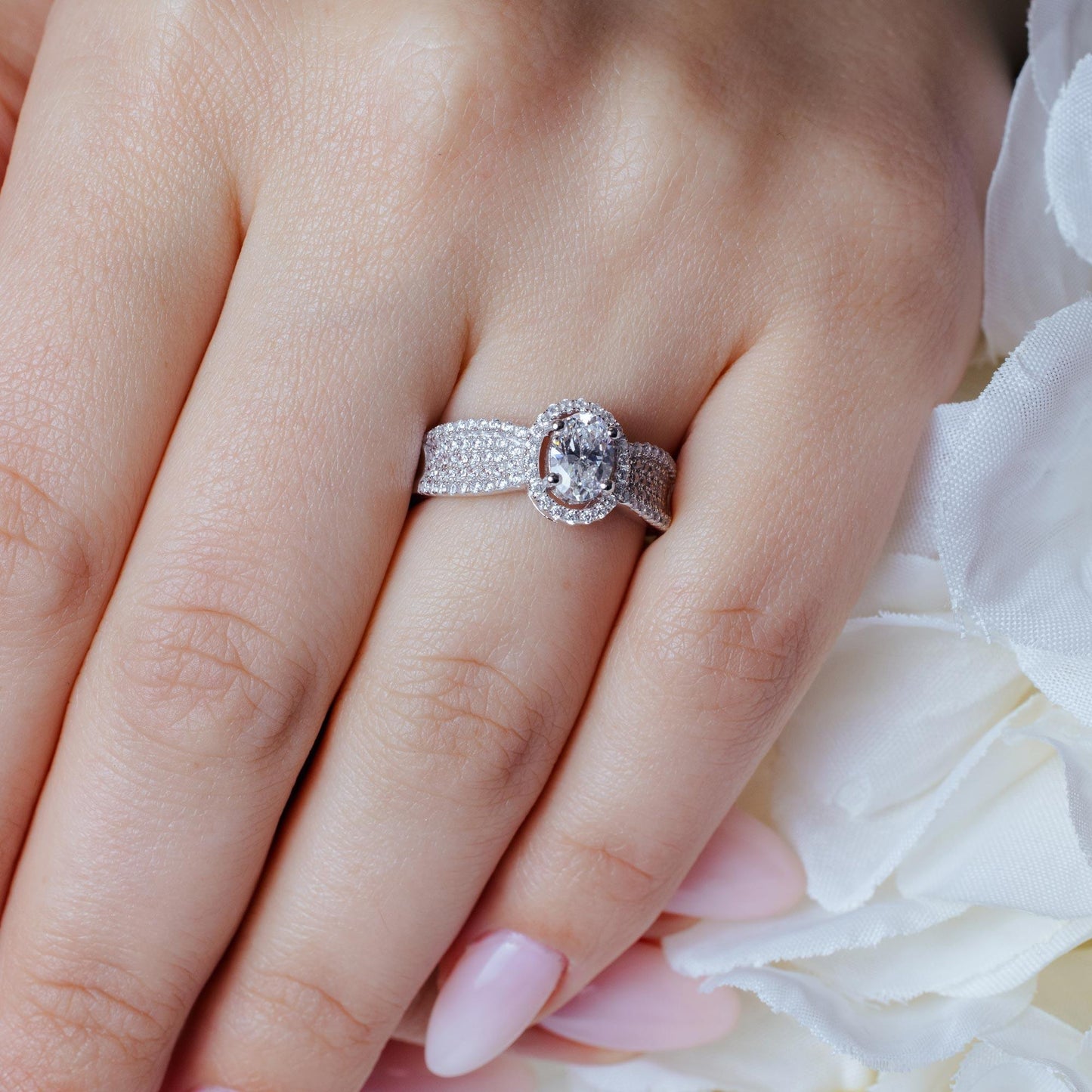 Silver 925 Rhodium Plated Micro Pave CZ Oval Ring - ACR00061