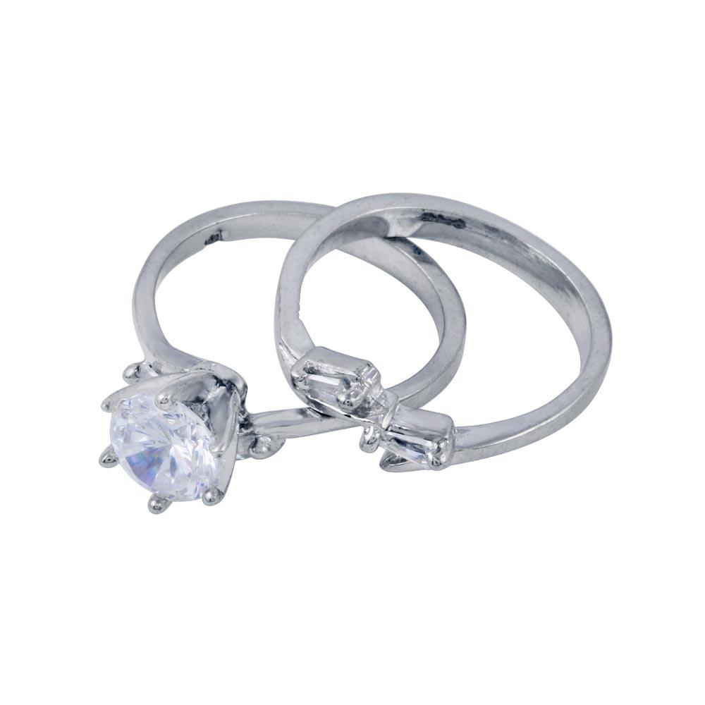 Silver 925 Rhodium Plated Clear Solitaire Baguette Sides CZ Engagement Ring Set - ANT00016