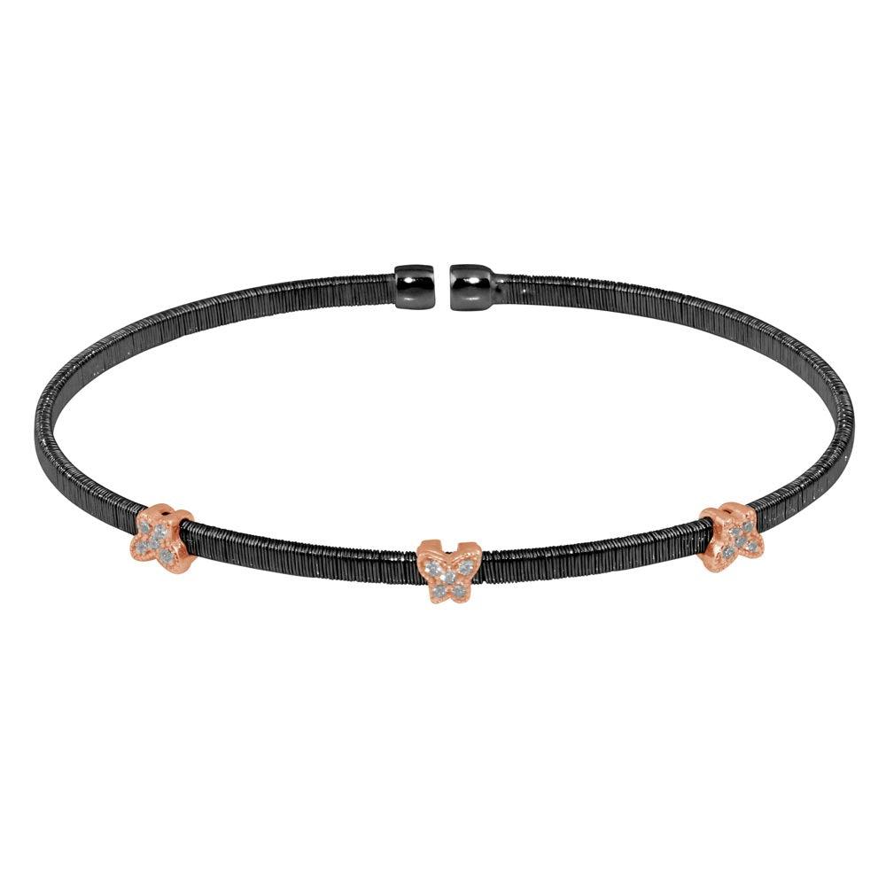 Silver 925 Black Rhodium Plated Three Butterfly Open Bangle with CZ - ARB00010BLK | Silver Palace Inc.