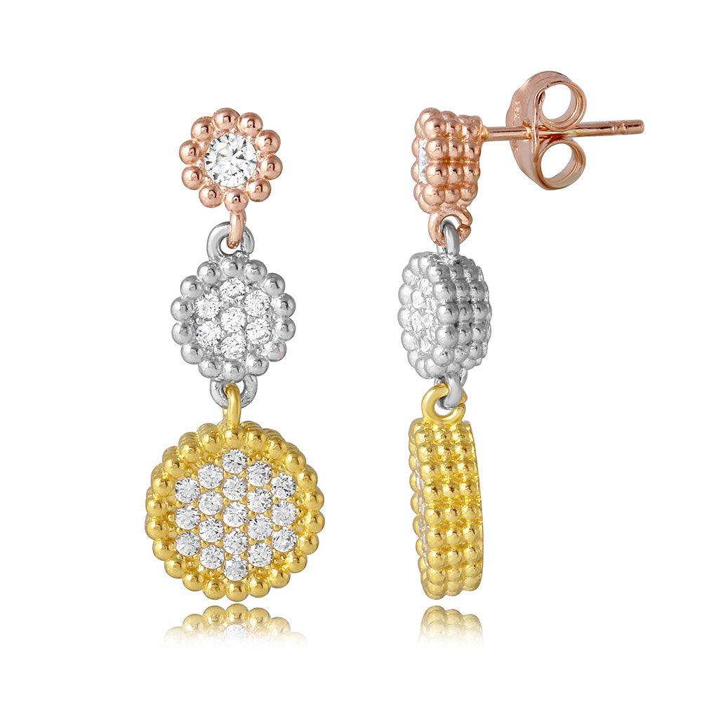 Silver 925 3 Toned Drop Circles CZ Earrings - ARE00005TRI | Silver Palace Inc.