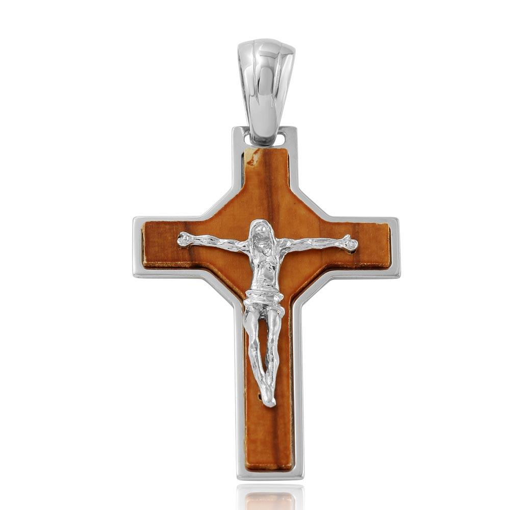 Silver 925 Rhodium Plated Big Wooden Crucifix Pendant - ARP00023 | Silver Palace Inc.