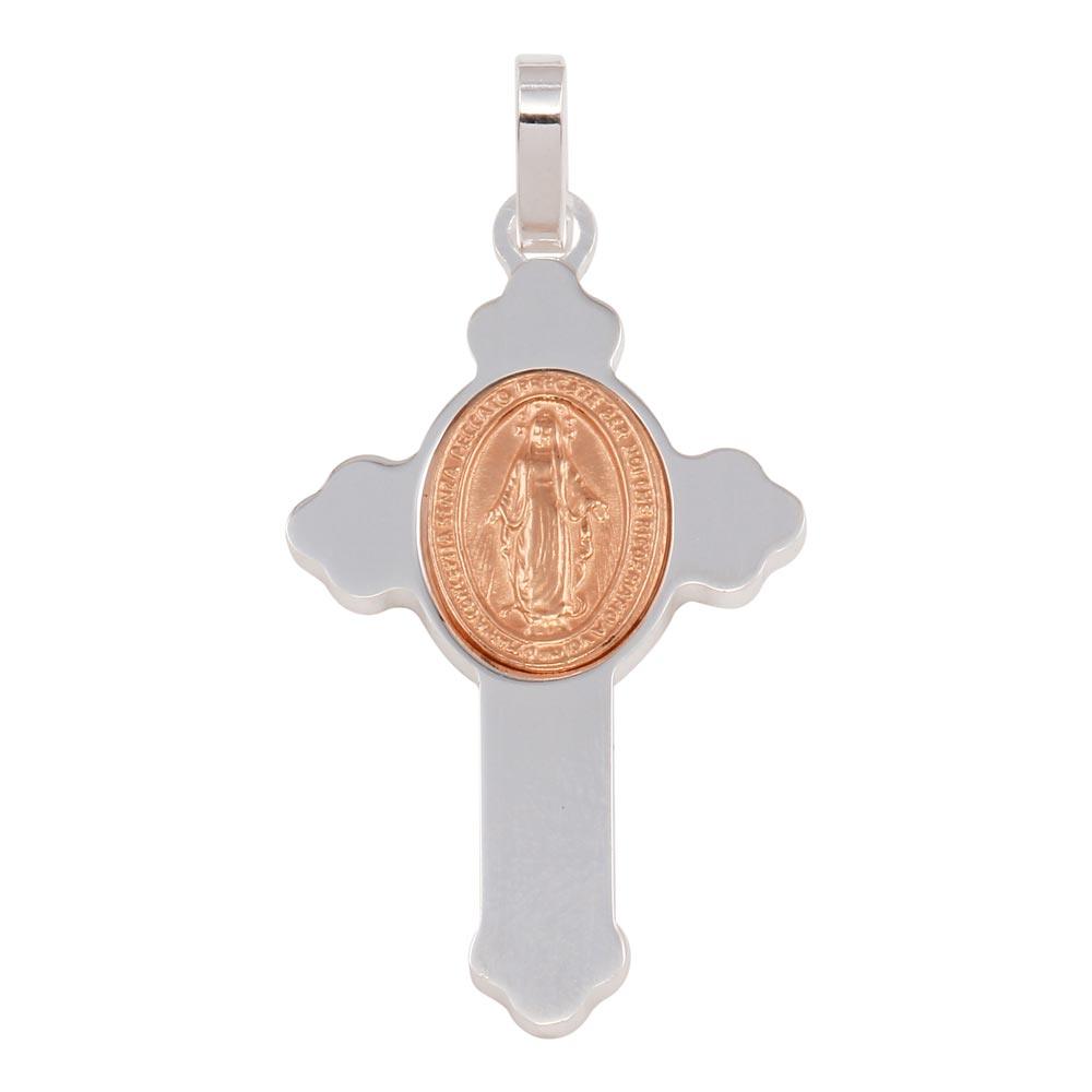 Silver 925 Rhodium Plated Cross Pendant with Rose Gold Plated Medallion - ARP00035RGP | Silver Palace Inc.