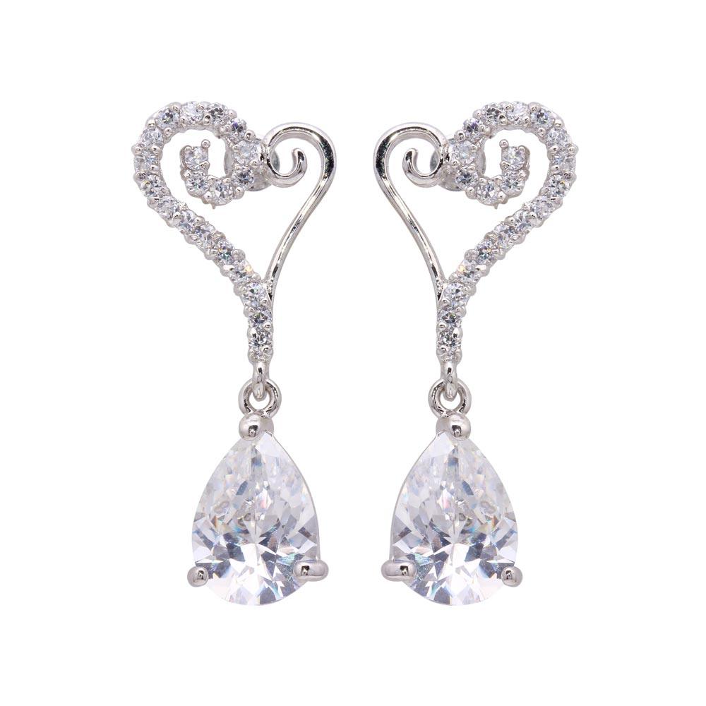 Silver 925 Rhodium Plated Open Heart CZ Dangling Stud Earrings - BGE00104 | Silver Palace Inc.