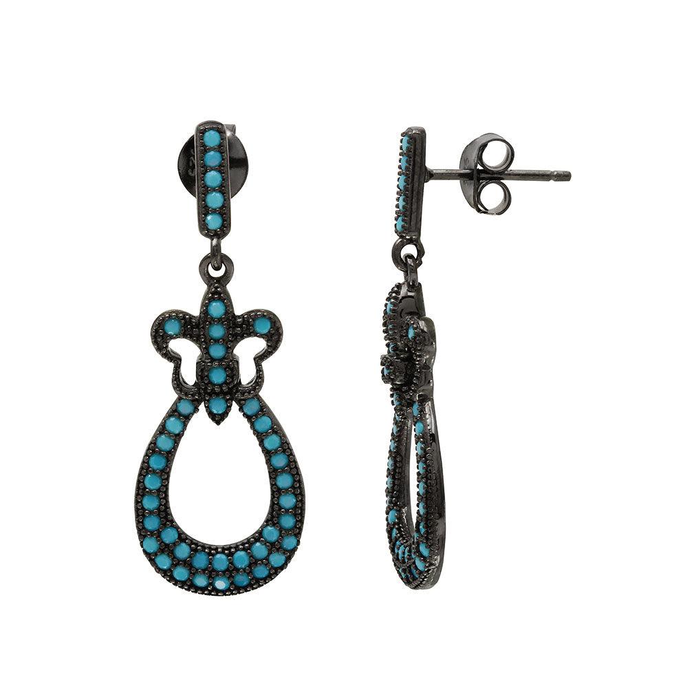 Silver 925 Black Rhodium Plated Dangling Filigree Turquoise Stone Earrings - BGE00506BKP | Silver Palace Inc.