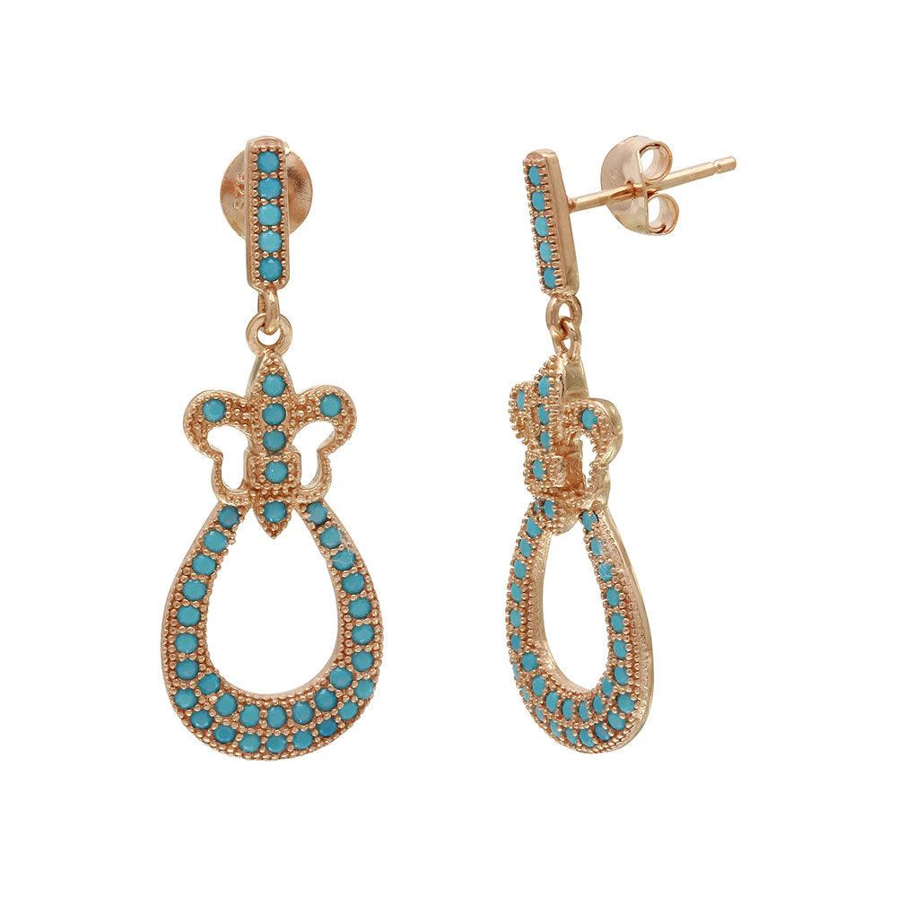 Silver 925 Rose Gold Plated Dangling Filigree Turquoise Stone Earrings - BGE00506RGP | Silver Palace Inc.