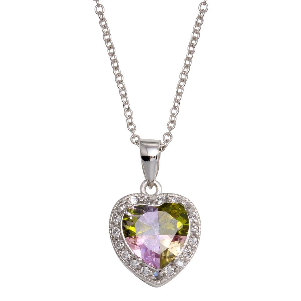 Closeout-Silver 925 Multi Color Heart Rhodium Plated Necklace - BGP00053 | Silver Palace Inc.