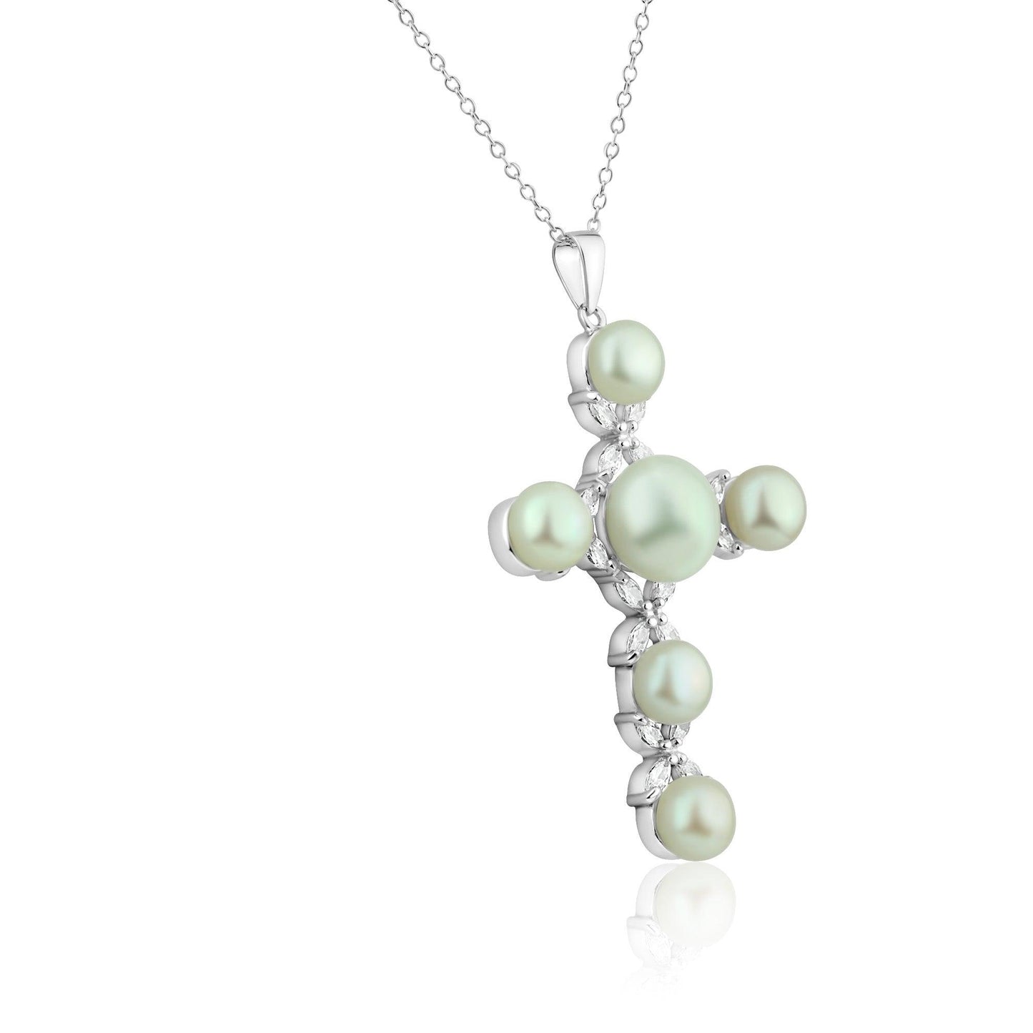 Silver 925 Rhodium Plated Cross CZ Pearl Necklace - BGP00302