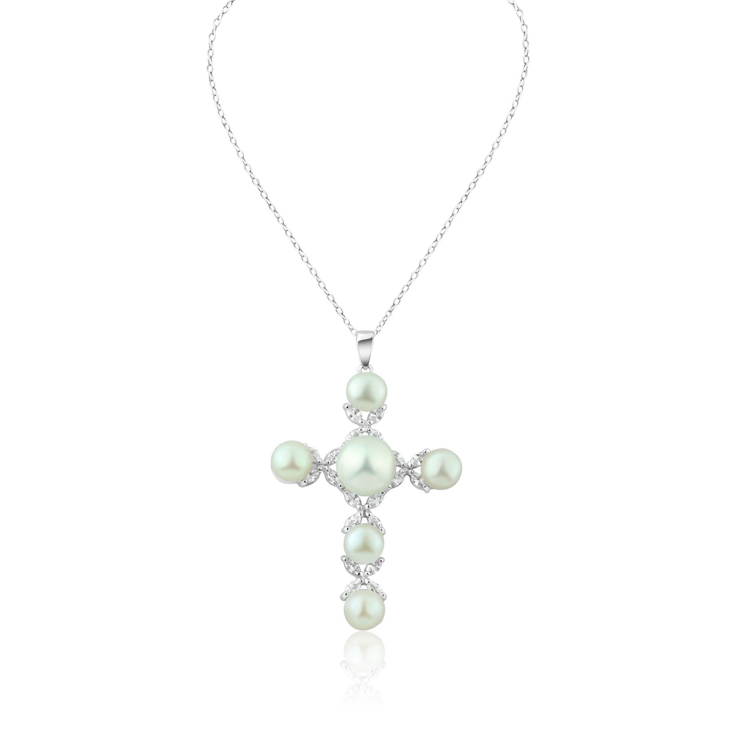 Silver 925 Rhodium Plated Cross CZ Pearl Necklace - BGP00302 | Silver Palace Inc.