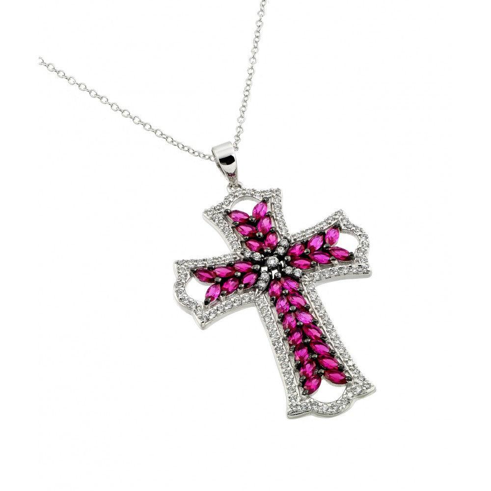 Silver 925 Rhodium Plated Clear and Pink Red CZ Stone Cross in Black Pendant Necklace - BGP00843R | Silver Palace Inc.