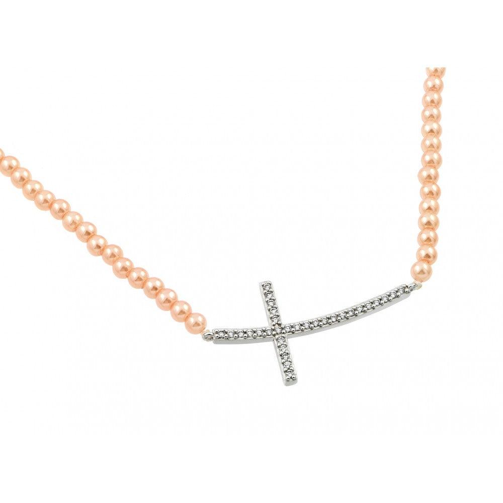 Silver 925 Rhodium Plated CZ Cross Pendant with Champagne Synthetic Pearl Chain Necklace - BGP00899PNK | Silver Palace Inc.