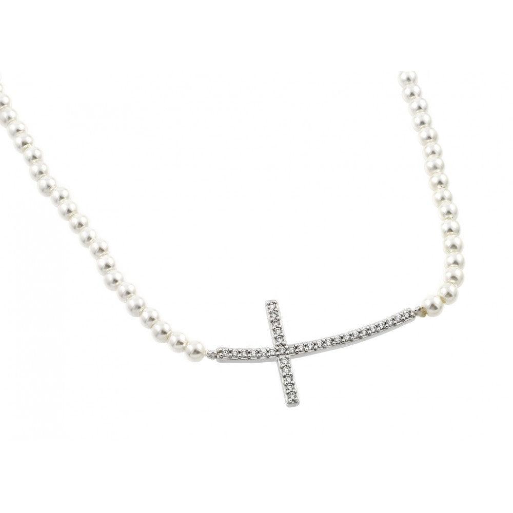 Silver 925 Rhodium Plated CZ Cross Pendant with Synthetic Pearl Chain Necklace - BGP00899WHT | Silver Palace Inc.