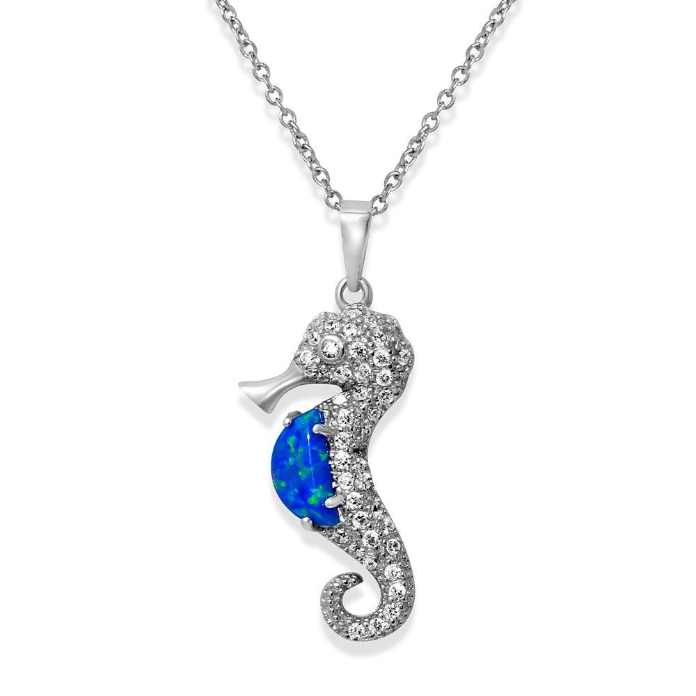 Silver 925 Rhodium Plated Sea Horse with CZ and Synthetic Blue Opal Necklace - BGP01071BLU | Silver Palace Inc.