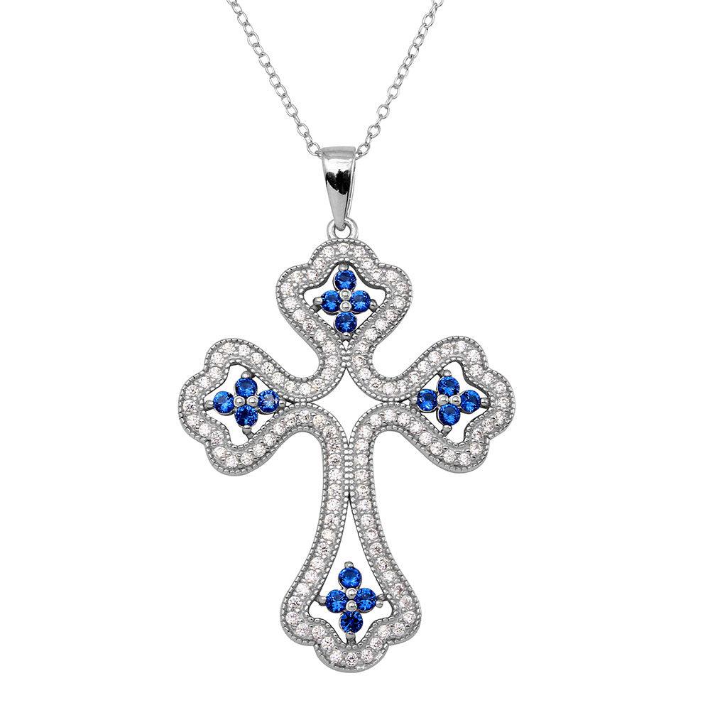 Silver 925 Rhodium Plated Clear and Blue CZ Encrusted Open Cross Necklace - BGP01141BLU