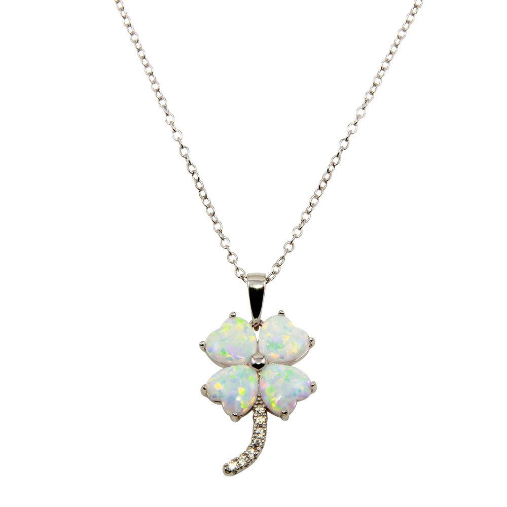 Silver 925 Rhodium Plated CZ Opal Clover Leaf Necklace - BGP01240 | Silver Palace Inc.