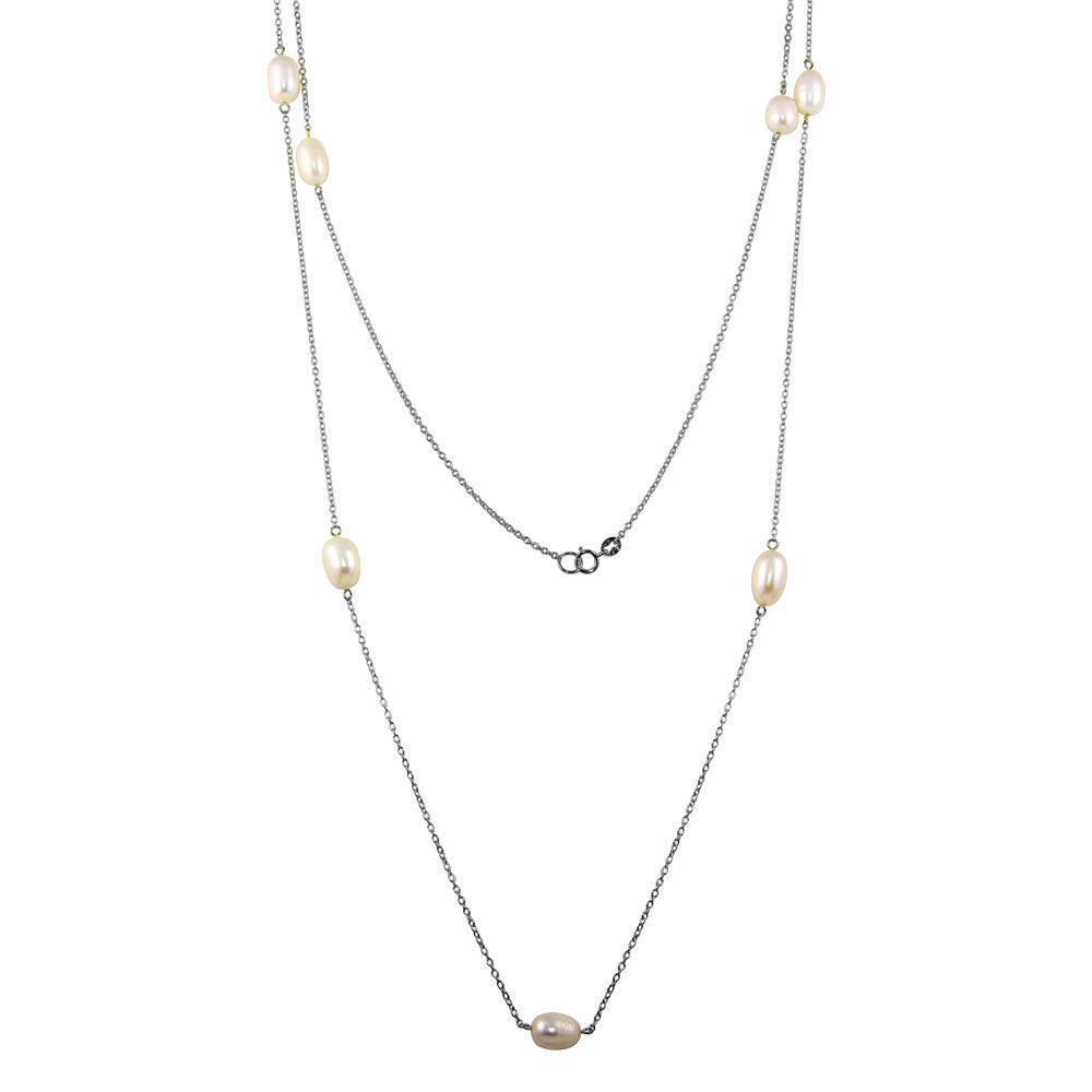 Silver 925 Rhodium Plated Fresh Water Pearls Necklace - BGP01249-RHD | Silver Palace Inc.