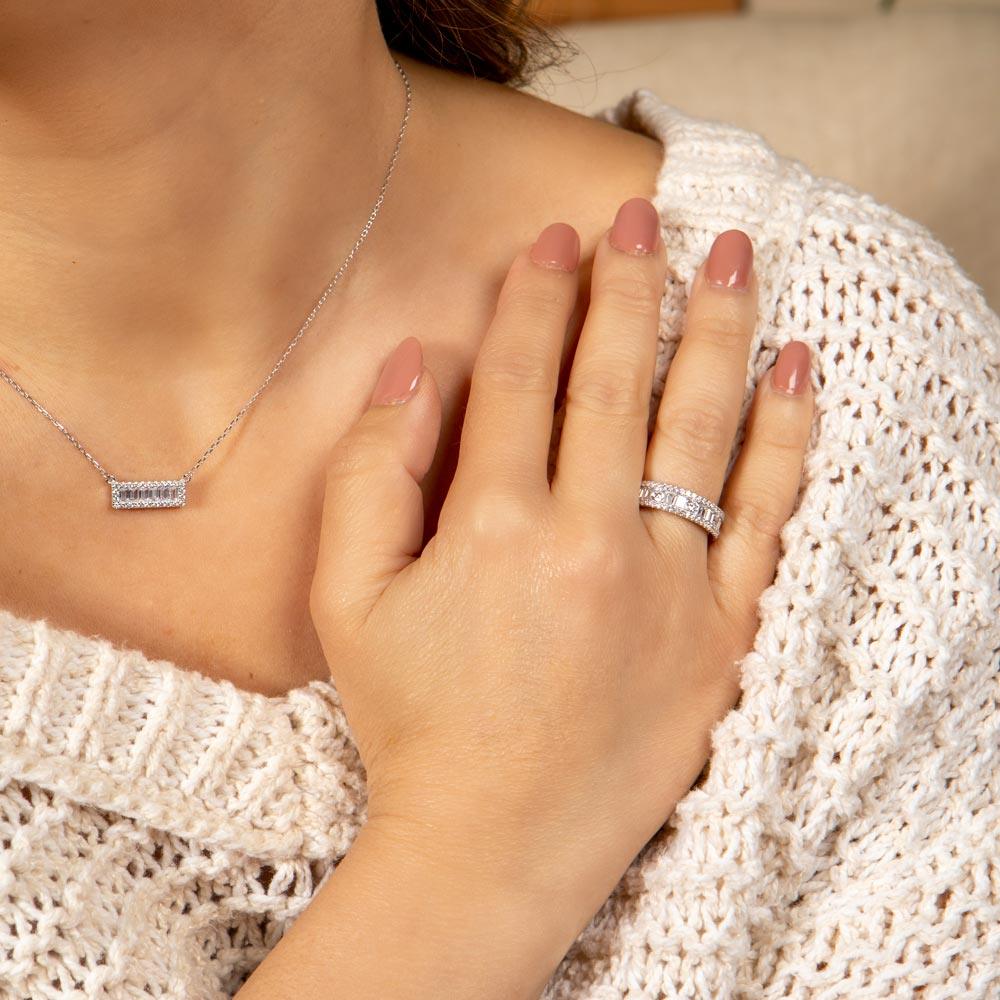 Silver 925 Rhodium Plated Eternity Band with Baguette CZ Stones - BGR01075