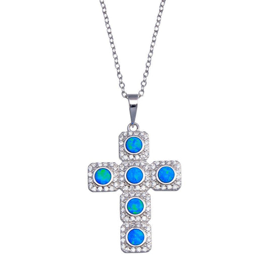 Silver 925  Rhodium Plated Cross Blue and Clear CZ Necklace - BGP01386 | Silver Palace Inc.