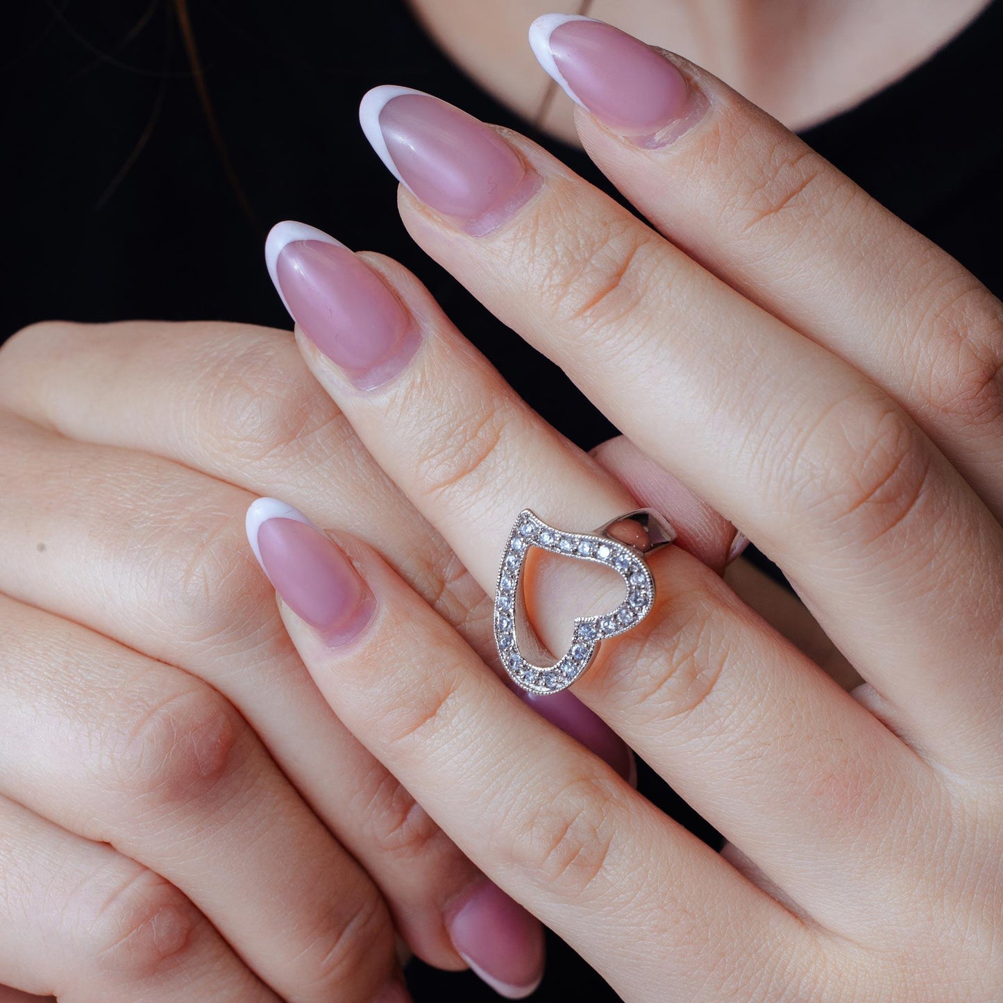 Closeout-Silver 925 Rhodium Plated CZ Open Heart Ring - BGR00024