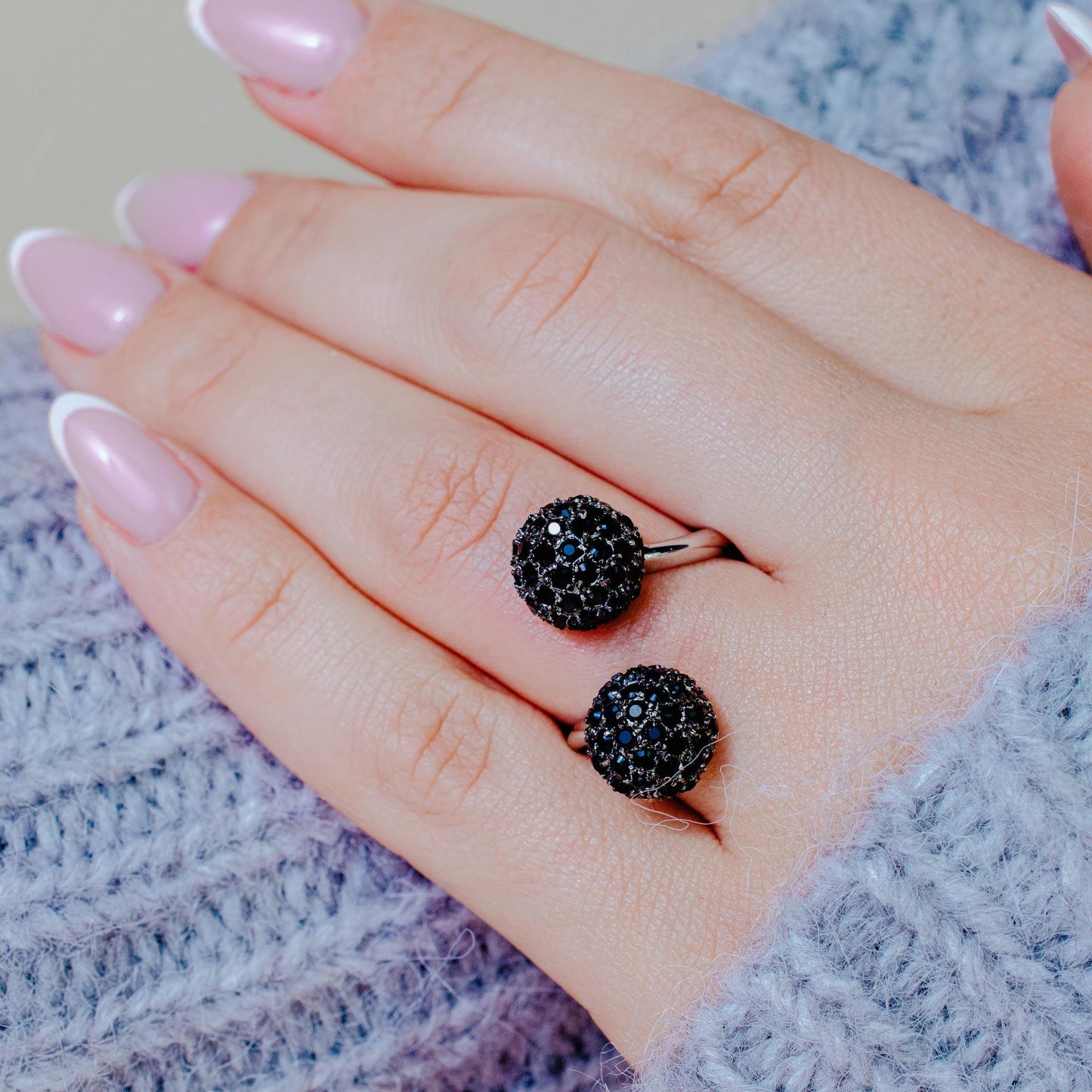 Closeout-Silver 925 Rhodium and Black Rhodium Plated Black CZ Adjustable Ring - BR00133
