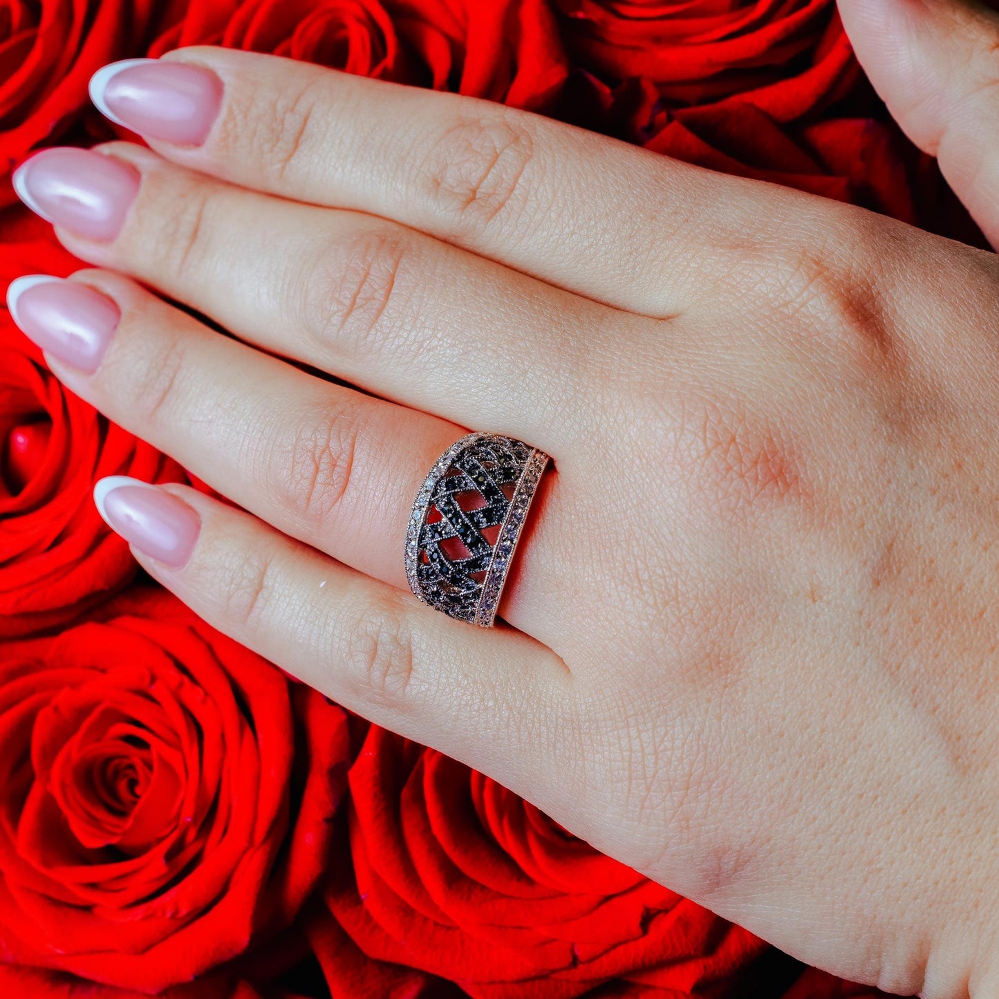 Closeout-Silver 925 Rhodium and Black Rhodium Plated Clear and Black CZ Net Ring - BGR00139