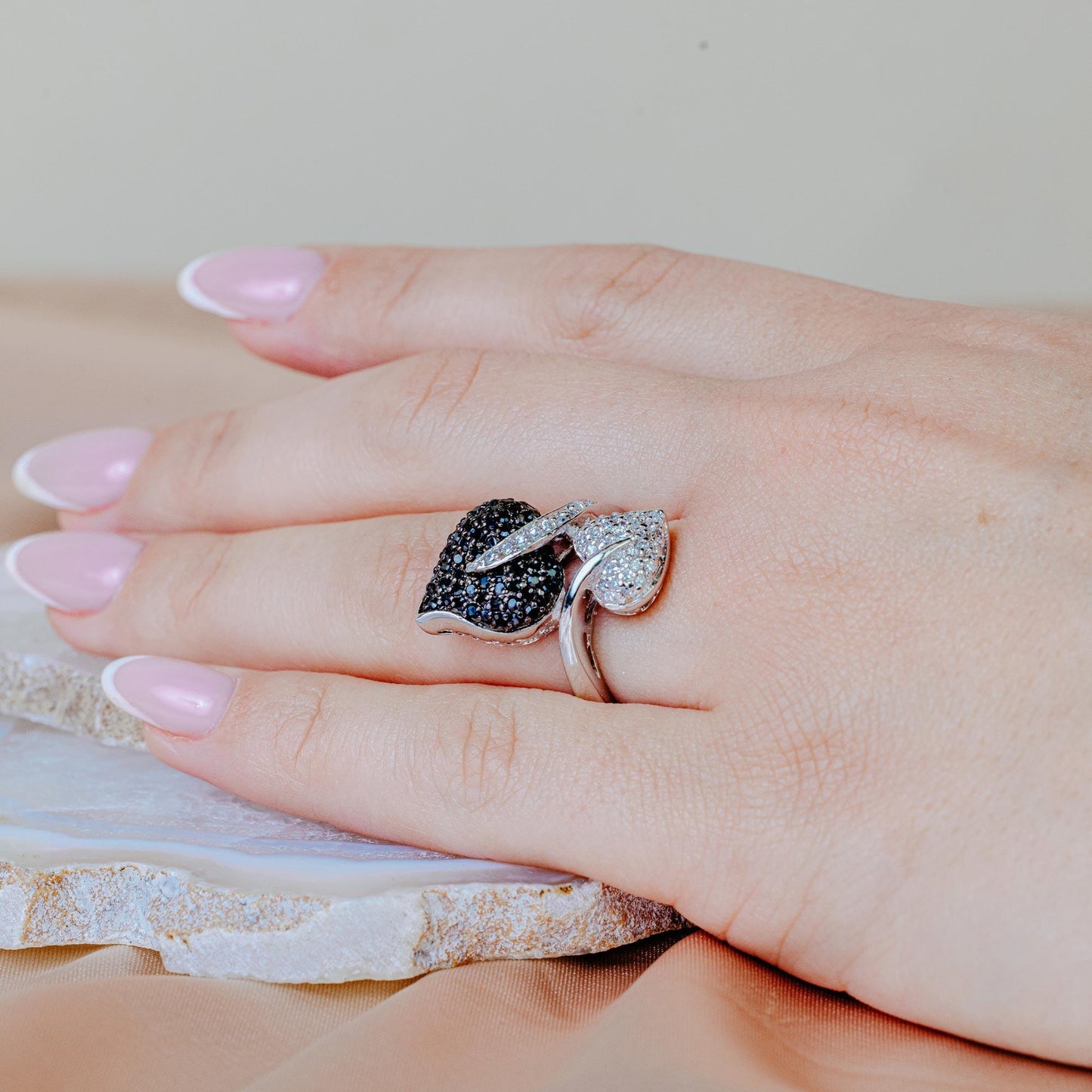 Closeout-Silver 925 Rhodium and Black Rhodium Plated Black and Clear CZ Leaf Ring - BGR00145