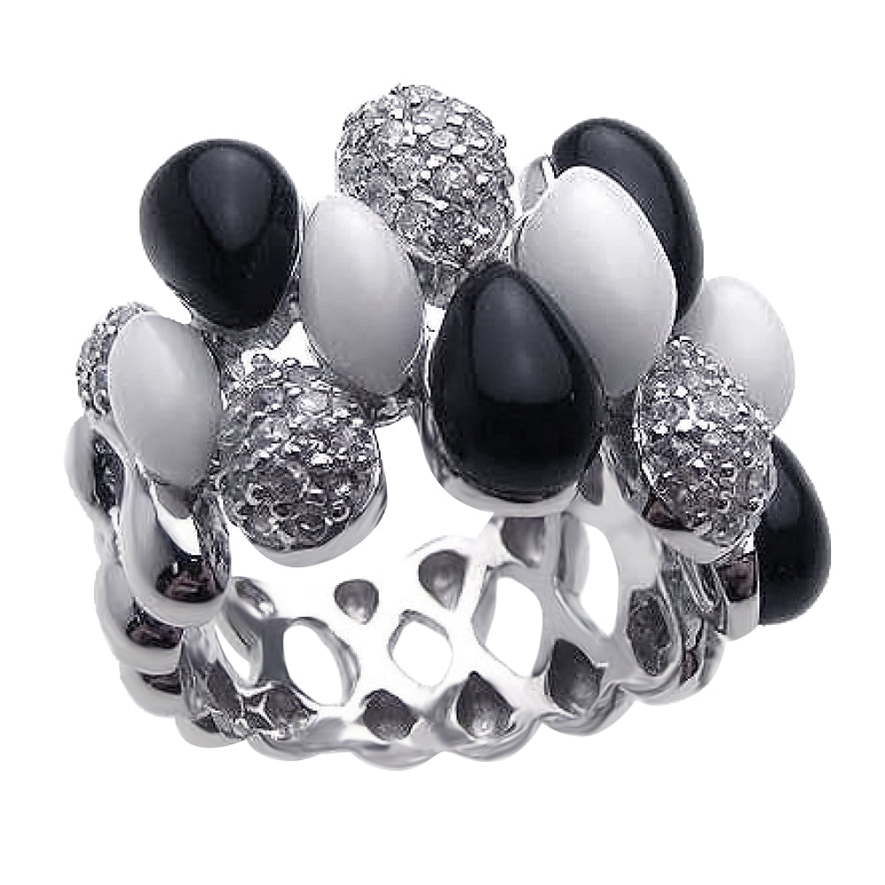 Closeout-Silver 925 Rhodium Plated Multi Shaped Onyx White Enamel Clear CZ Ring - BGR00168