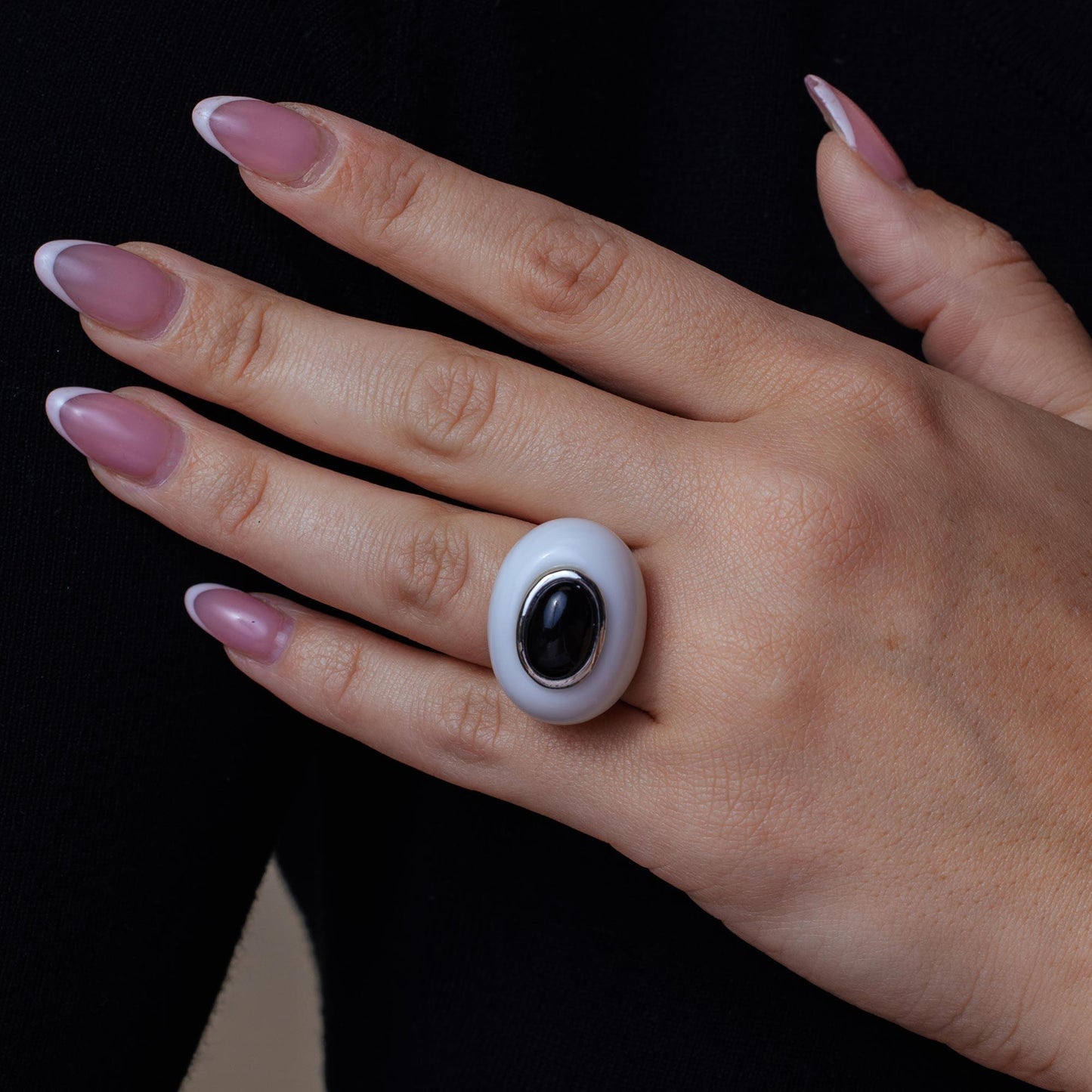 Closeout-Silver 925 Rhodium Plated White Enamel Onyx Dome Ring - BGR00169