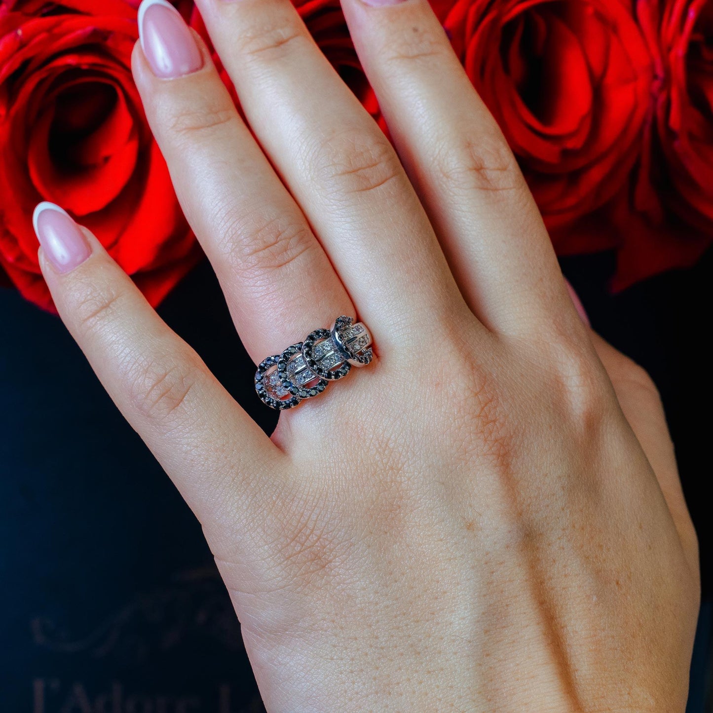 Closeout-Silver 925 Rhodium and Black Rhodium Plated Clear and Black CZ Overlapping Circle Ring - BGR00173