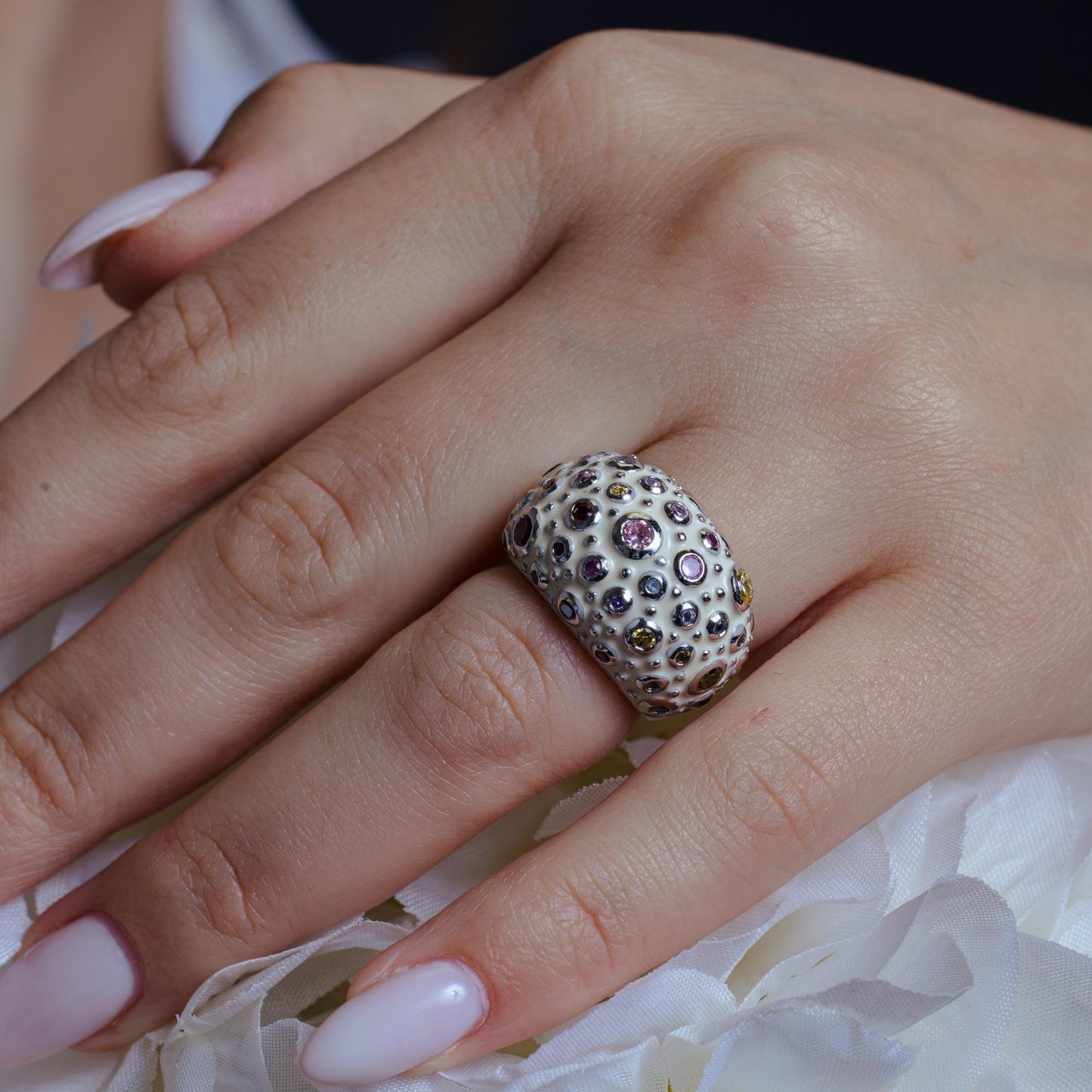 Closeout-Silver 925 Rhodium Plated White Enamel Multi Colored CZ Dome Ring - BGR00177