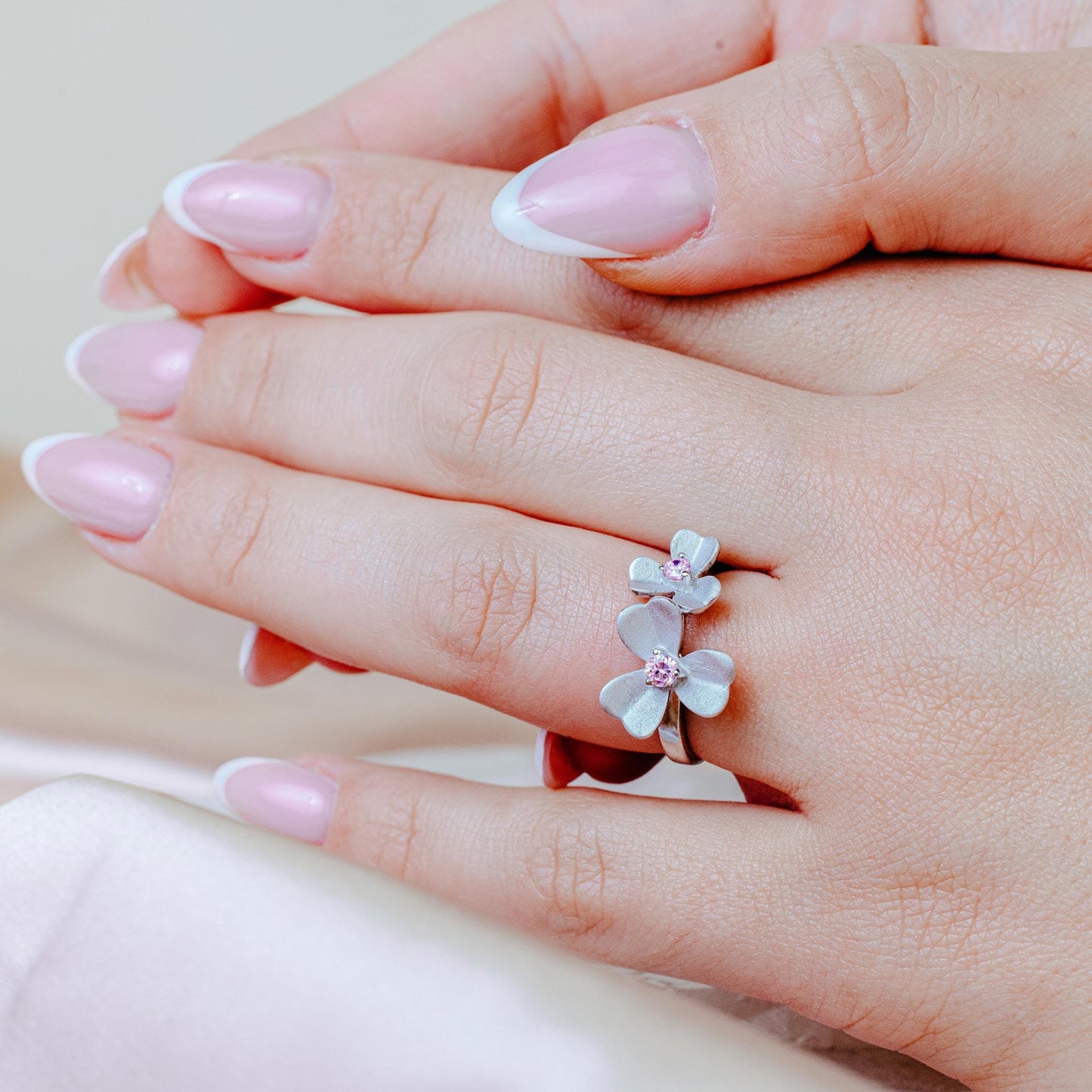 Closeout-Silver 925 Rhodium Plated Pink CZ Flower Ring - BGR00262
