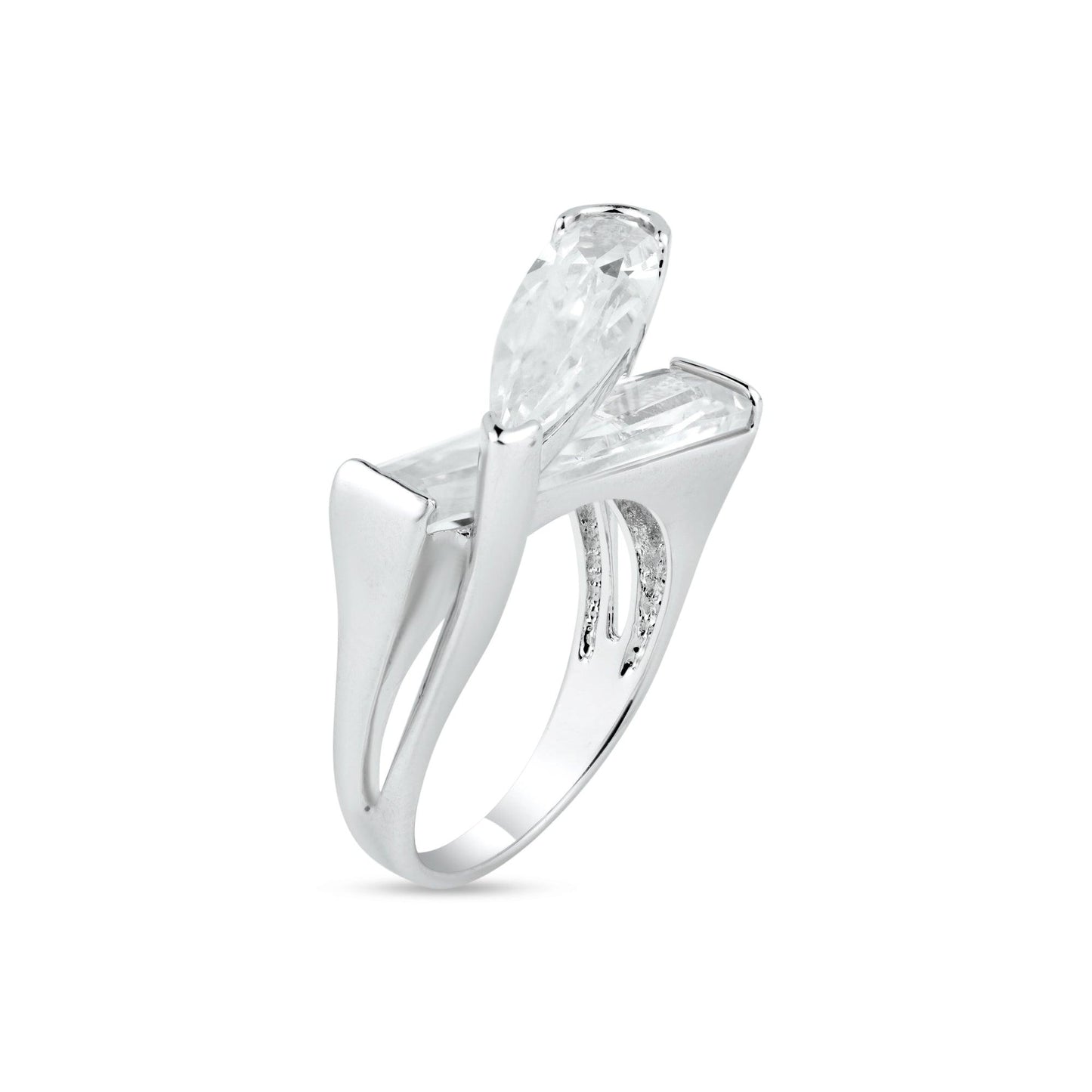 Closeout-Silver 925 Rhodium Plated Clear CZ Criss Cross Ring - BGR00299