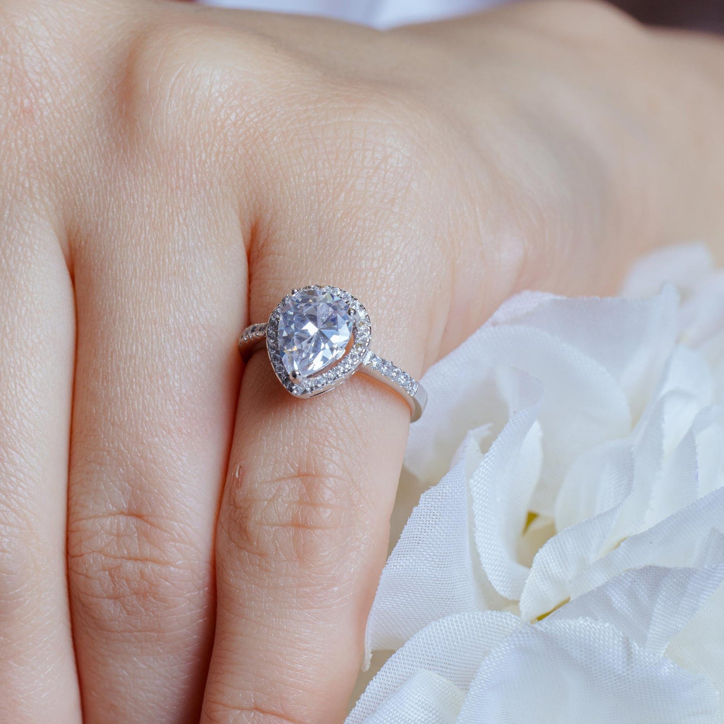 Silver 925 Rhodium Plated Clear Teardrop CZ Engagement Bridal Ring - BGR00445