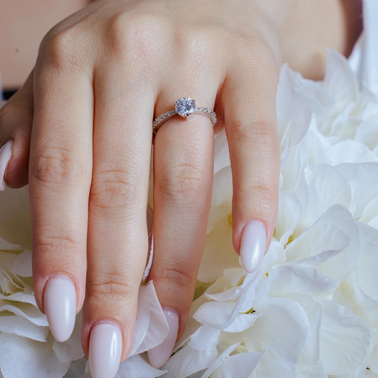 Silver 925 Rhodium Plated Round Center Clear CZ Bridal Ring - BGR00539