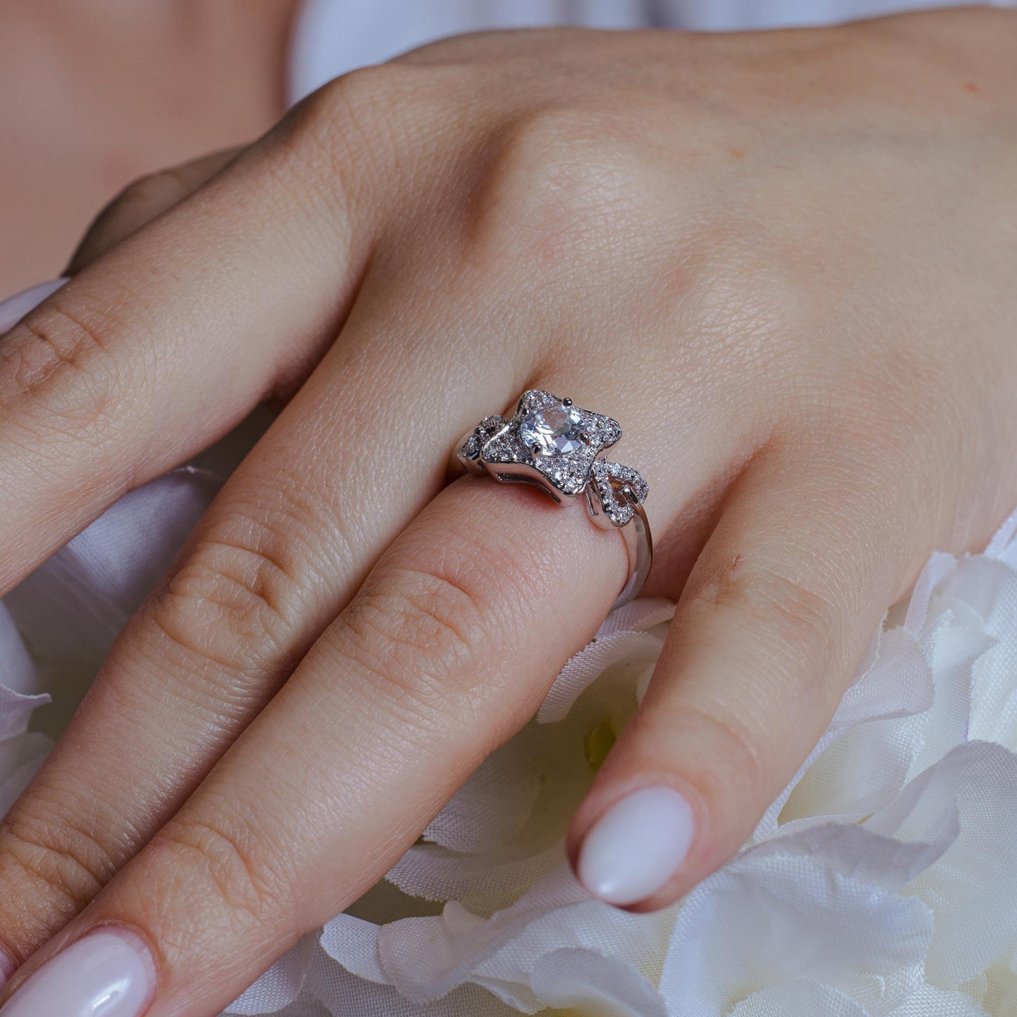 Silver 925 Rhodium Plated Square Clear CZ Bridal Ring - BGR00553