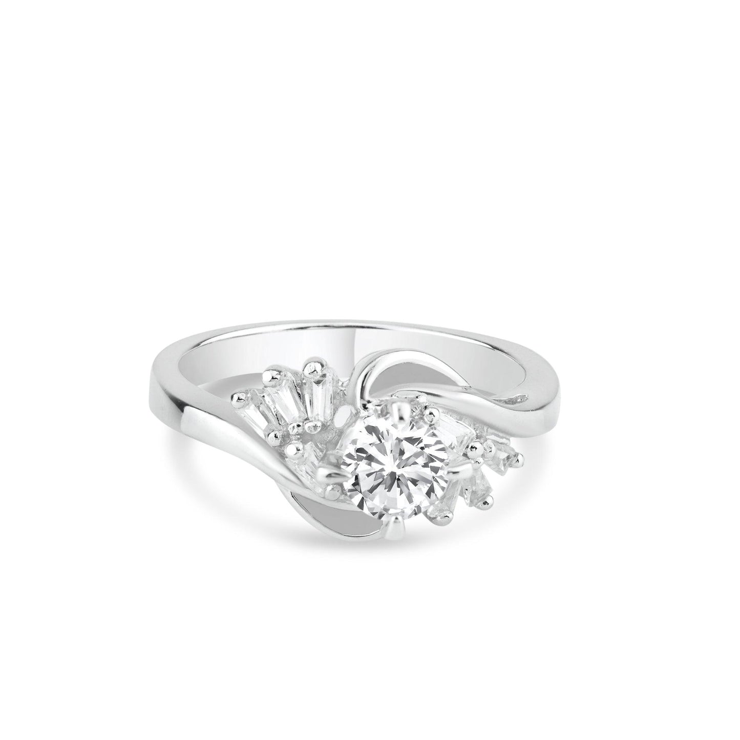Silver 925 Rhodium Plated Clear Multi Shaped CZ Twist Fan Bridal Ring - BGR00724 | Silver Palace Inc.