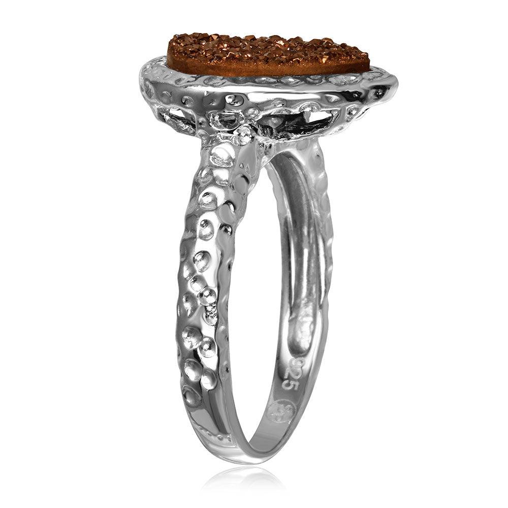Silver 925 Rhodium Plated Pear Brown Druzy Gemstone Ring - BGR00748