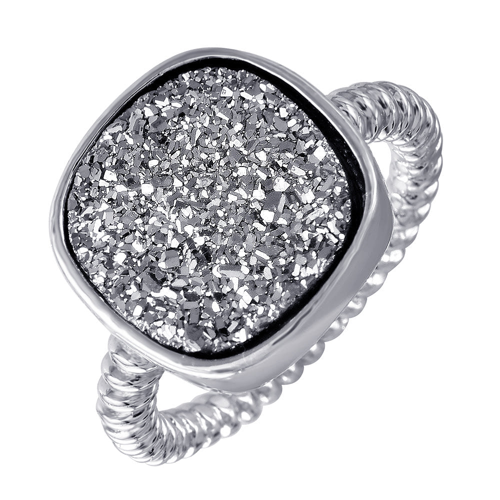 Closeout-Silver 925 Rhodium Plated Square Druzy Gemstone Ring - BGR00765