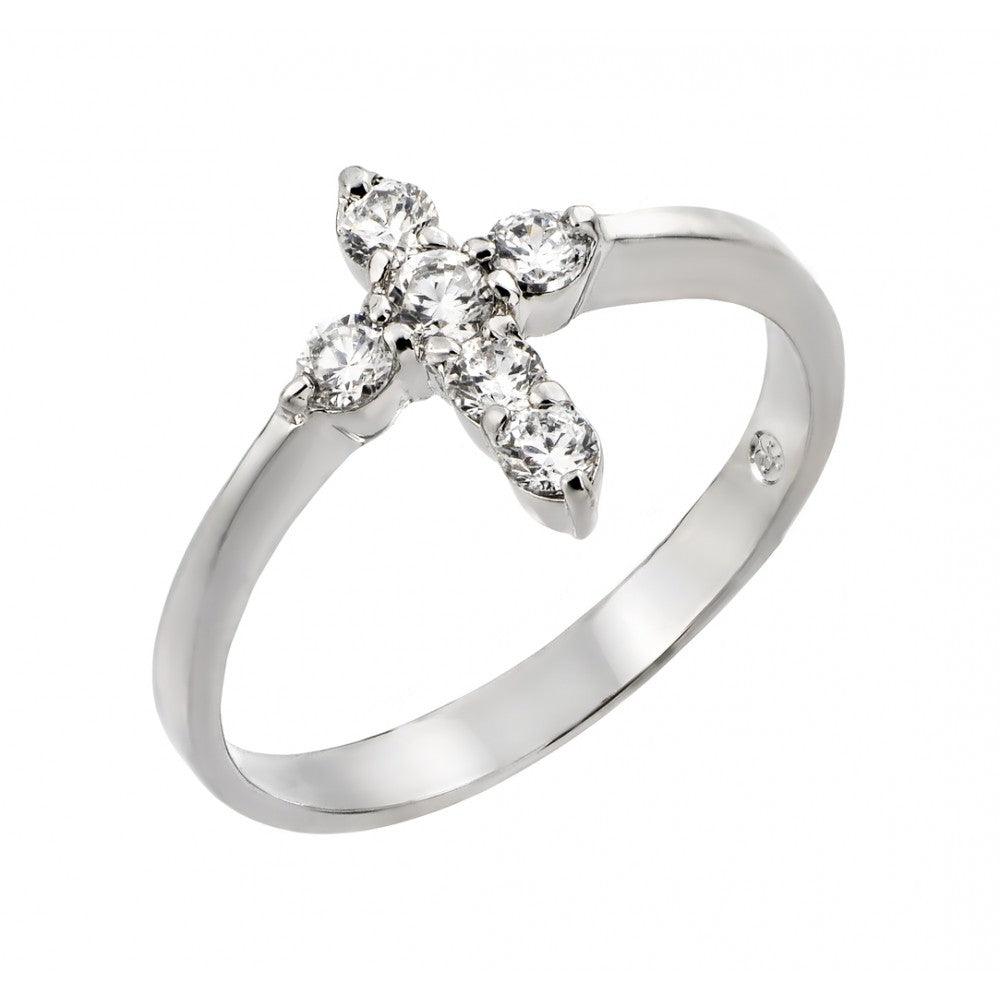 Silver 925 Rhodium Plated Clear CZ Mini Cross Ring - BGR00768 | Silver Palace Inc.