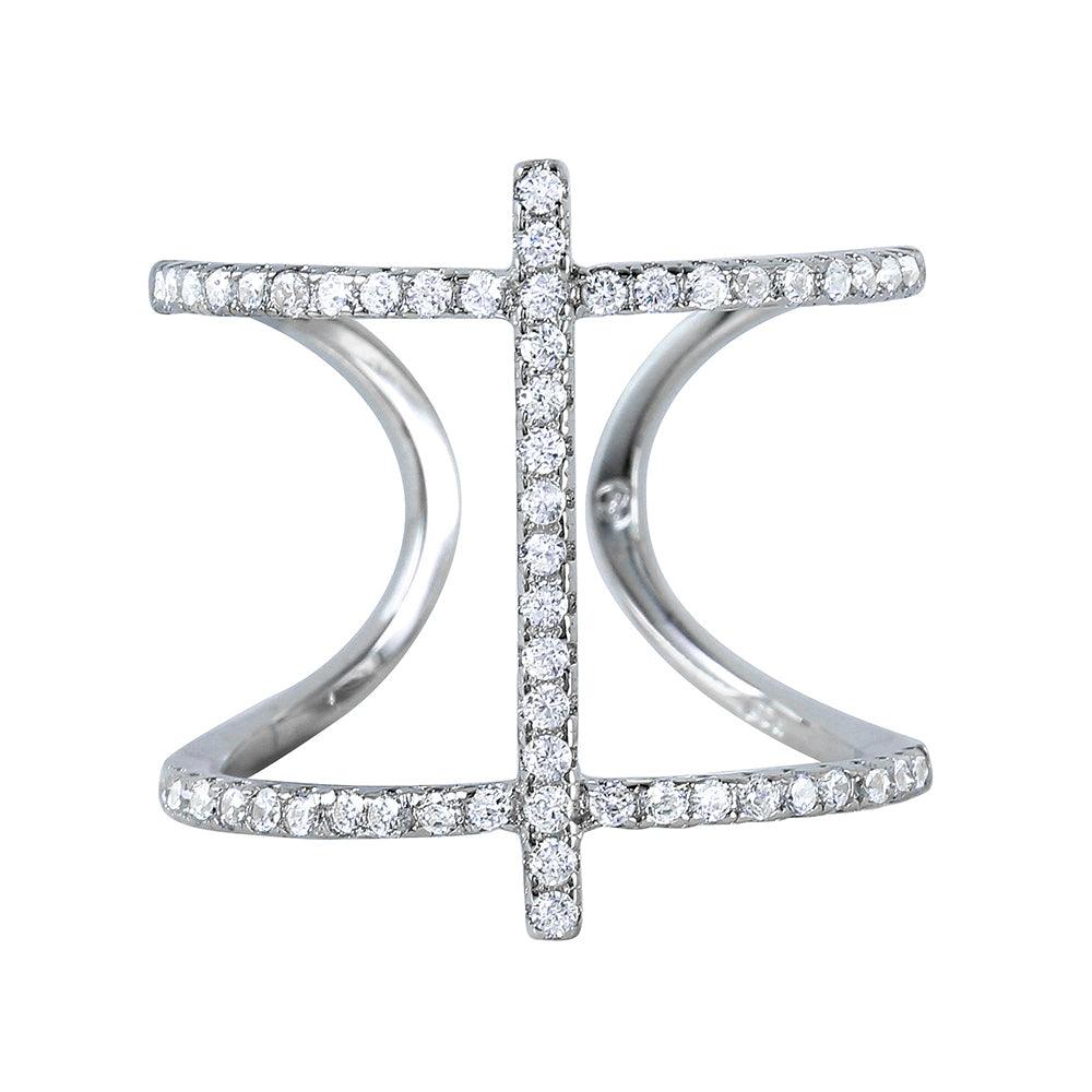 Silver 925 Rhodium Plated Open Pringle Hyperbolic Paraboloid and Perpendicular Stick Ring - BGR00967