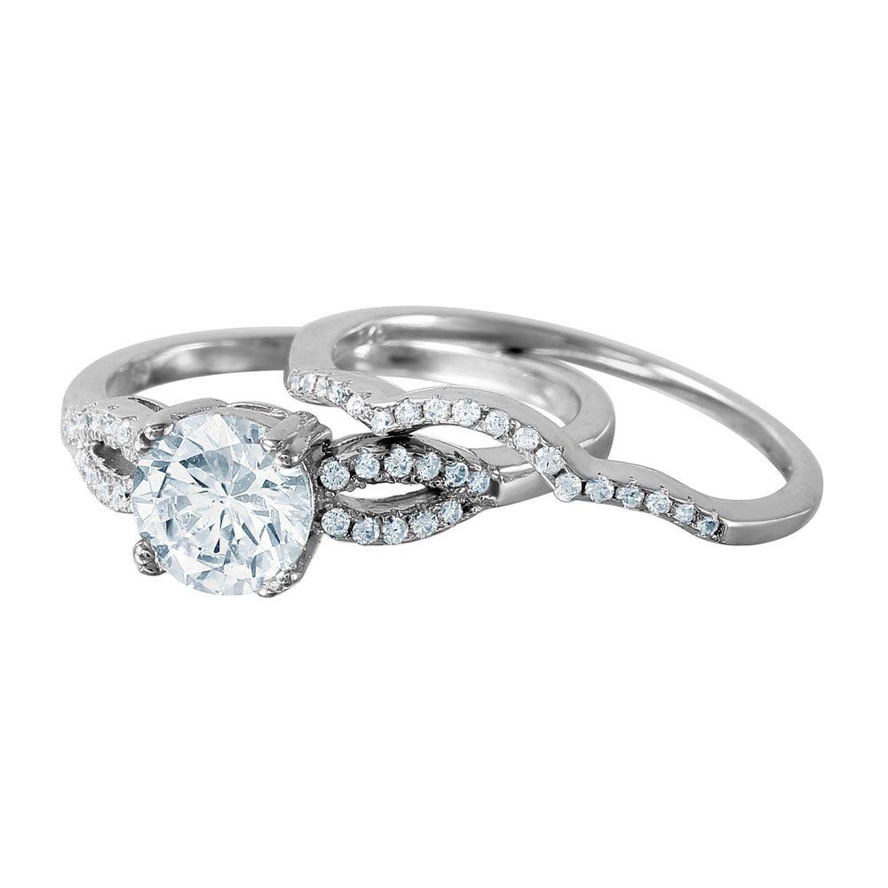 Silver 925 Rhodium Plated Open Wave Design Band Round CZ Center Bridal Ring - BGR01001