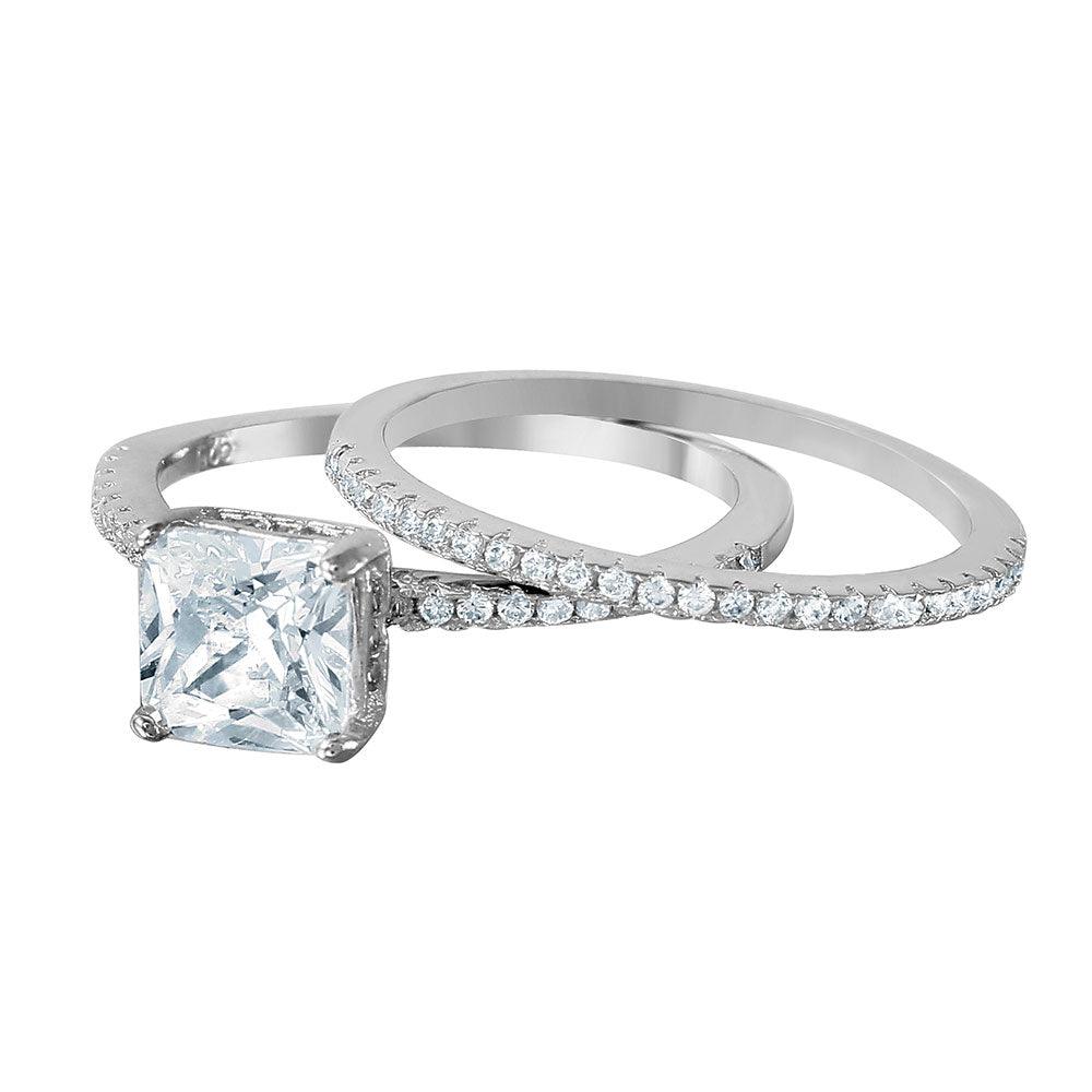 Silver 925 Nickel Free Rhodium Plated Square Center CZ Bridal Ring - BGR01011