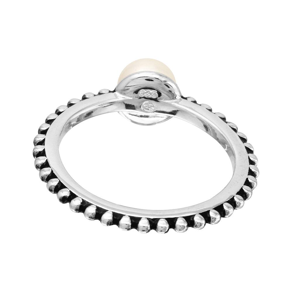 Silver 925 Rhodium Plated Beaded Shank Fresh Water Center Pearl Ring - BGR01092