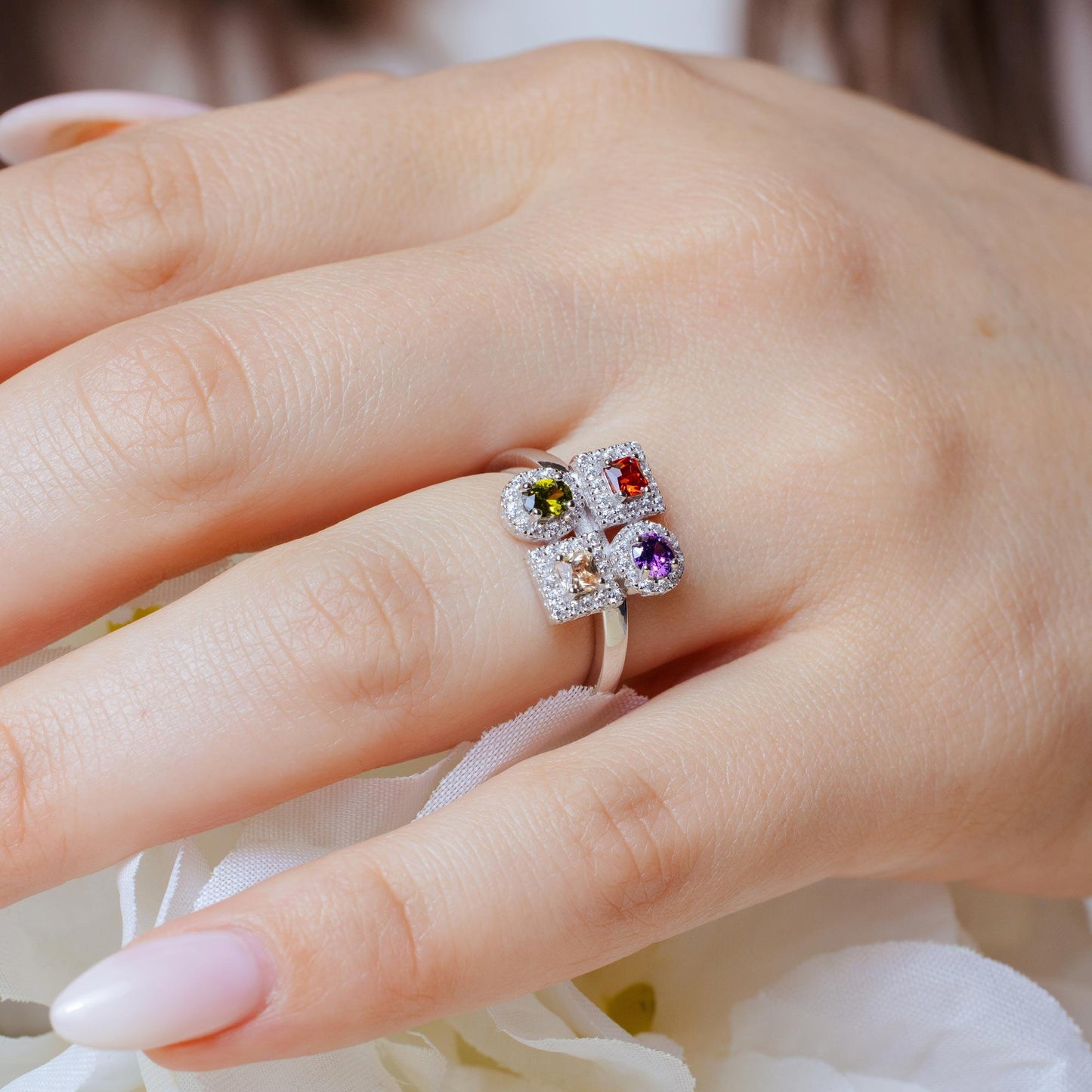 Silver 925 Rhodium Plated Multi Color 4 Design Ring - BGR01101