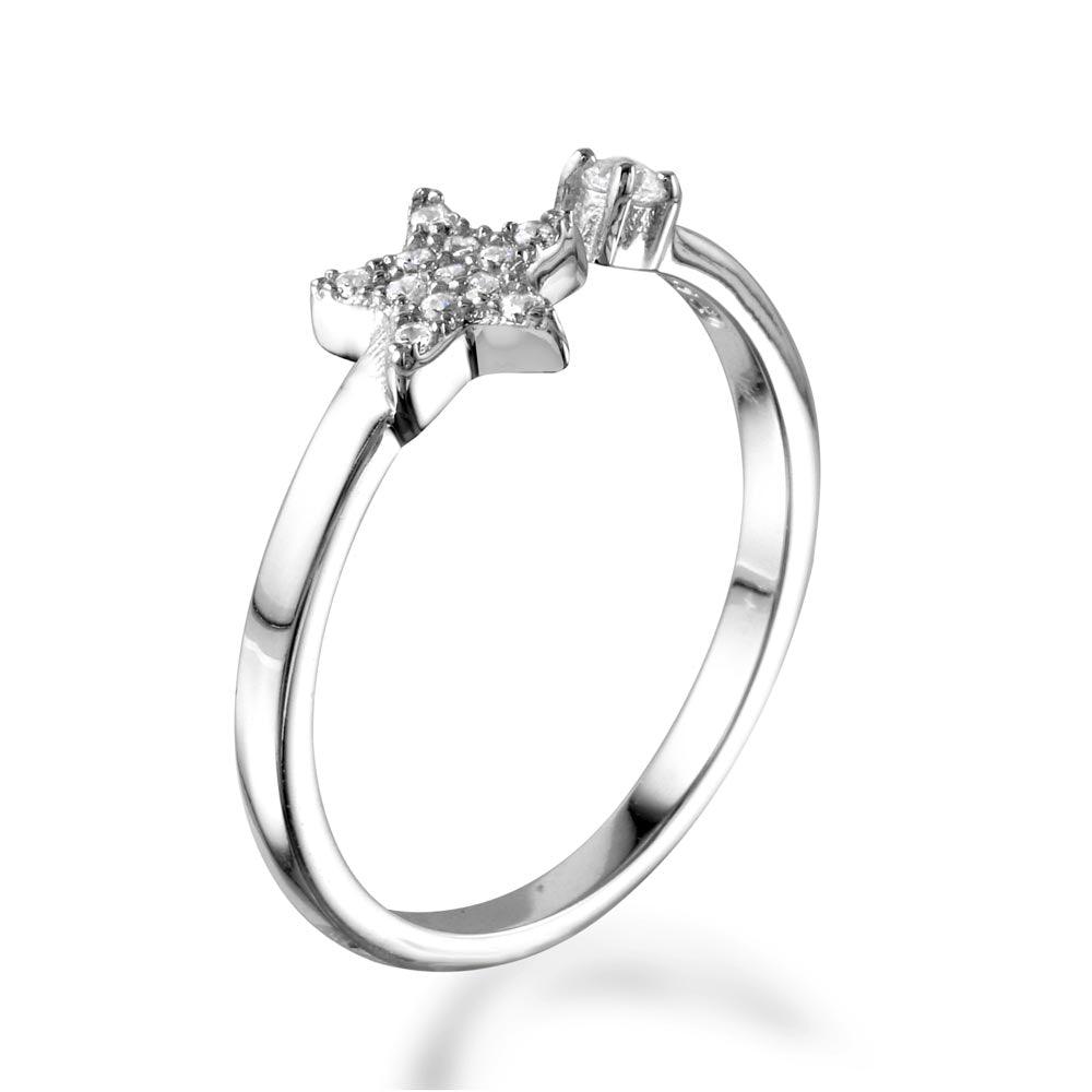 Silver 925 Rhodium Plated Open Star Ring with CZ - BGR01103