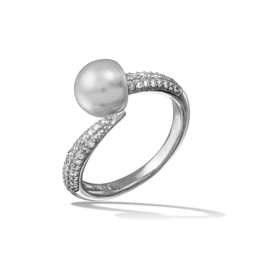 Silver 925 Rhodium Plated CZ Fresh Water Pearl Center Ring - BGR01124