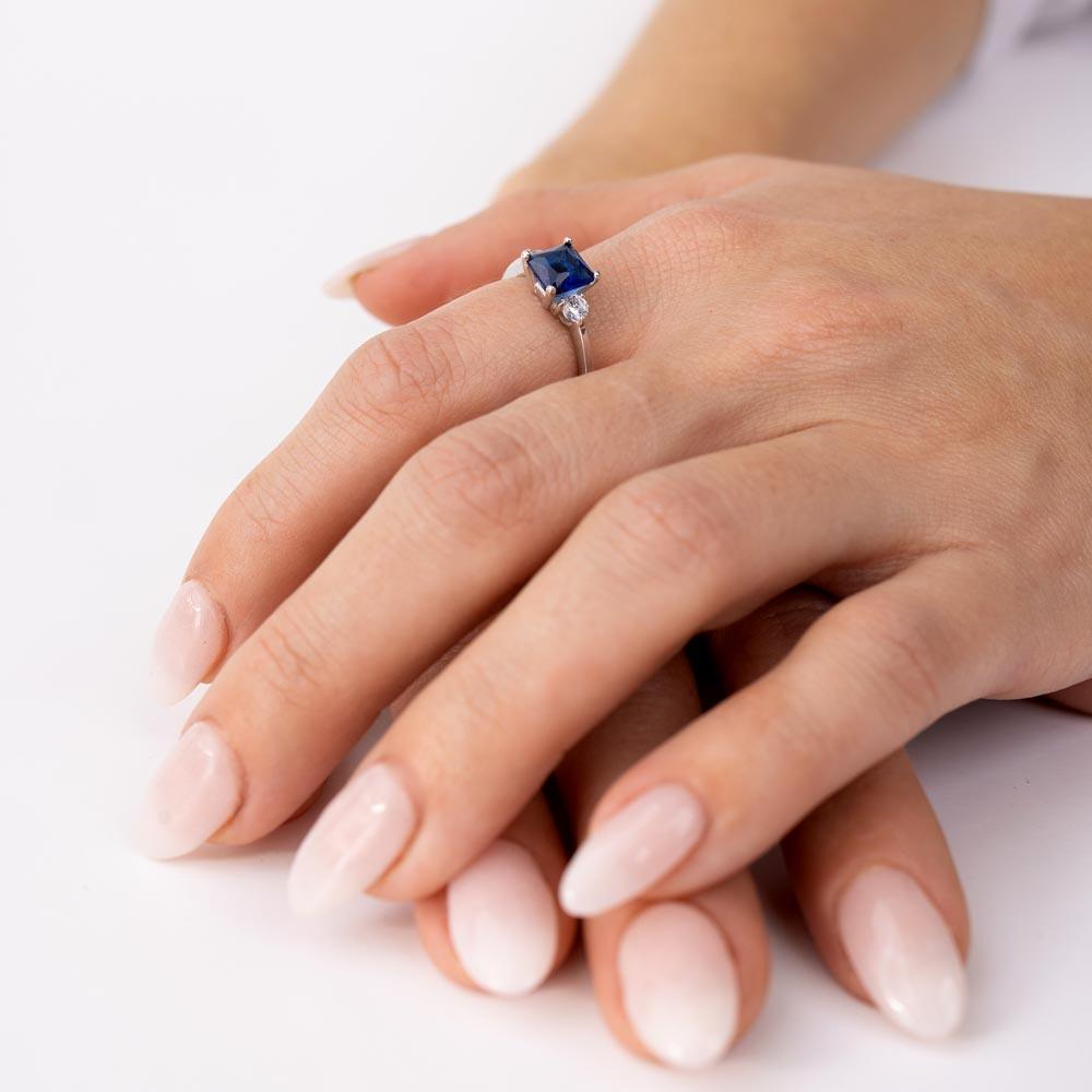 Silver 925 Rhodium Plated Blue CZ Center Stone Ring - BGR01138BLU