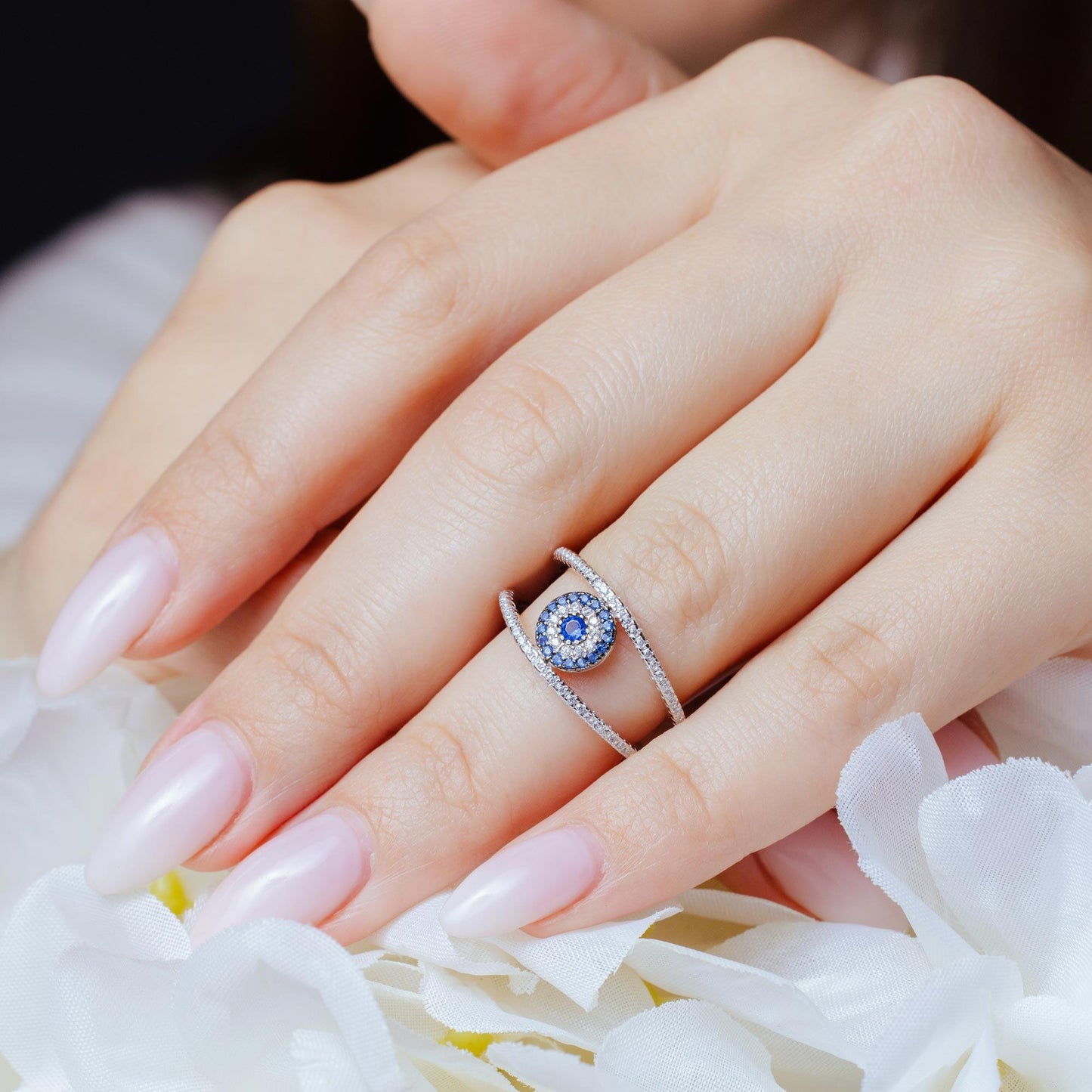 Silver 925 Rhodium Plated Evil Eye Ring with CZ - BGR01163