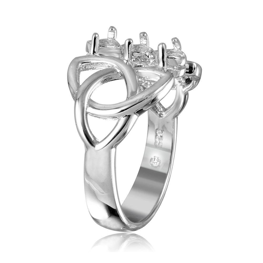 Silver 925 Rhodium Plated Triquetra Shank 3 Stones Mounting Ring - BGR01214