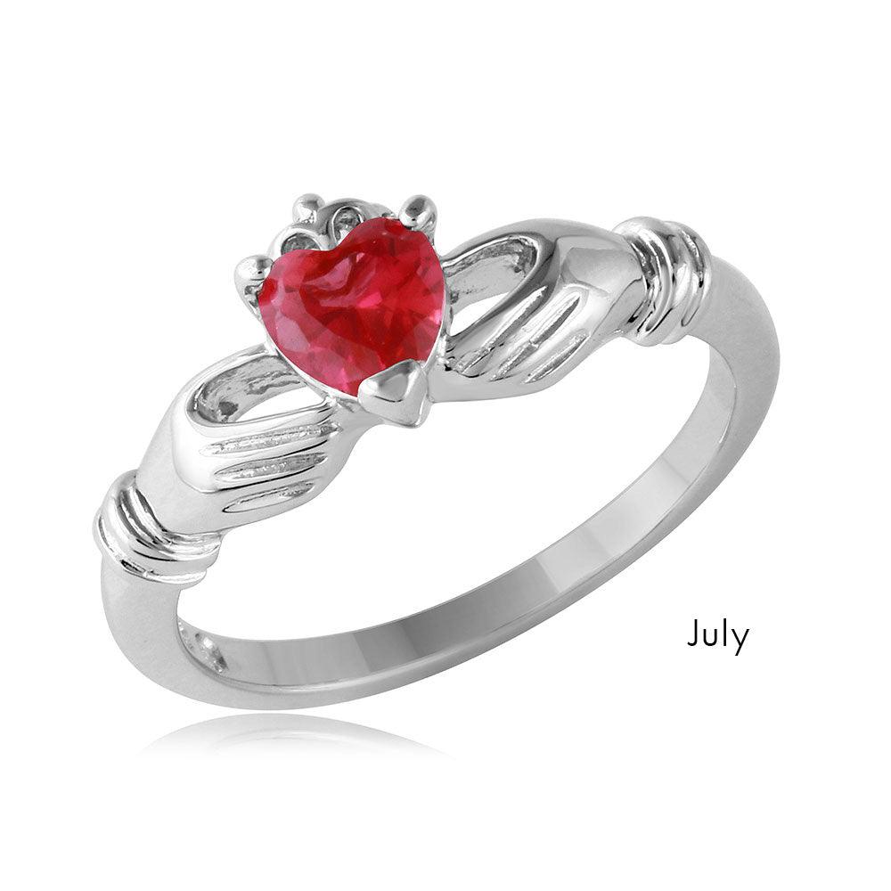 July Sterling Silver 925 Rhodium Plated CZ Center Birthstone Claddagh Ring - BGR01083JUL | Silver Palace Inc.