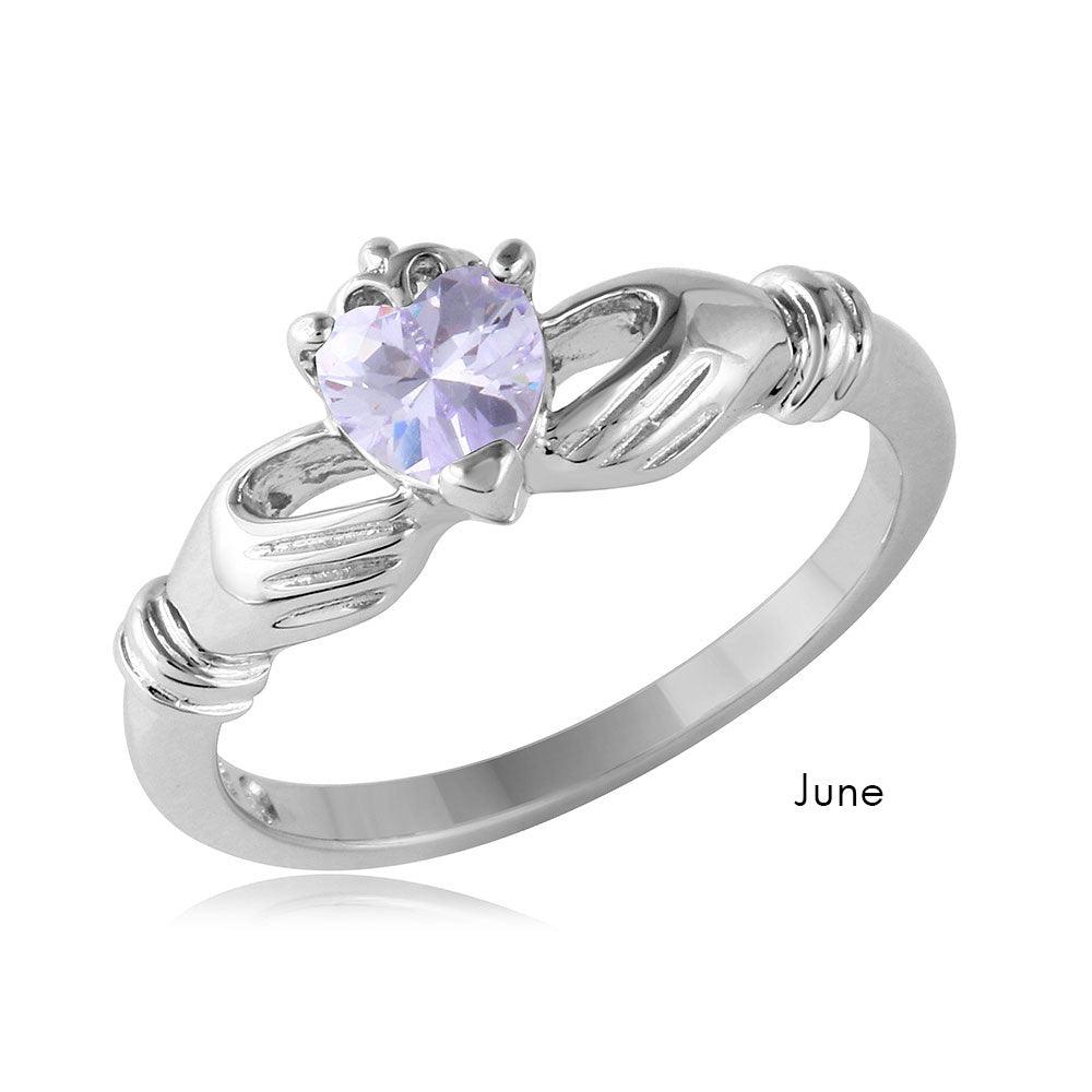 June Sterling Silver 925 Rhodium Plated CZ Center Birthstone Claddagh Ring - BGR01083JUN | Silver Palace Inc.